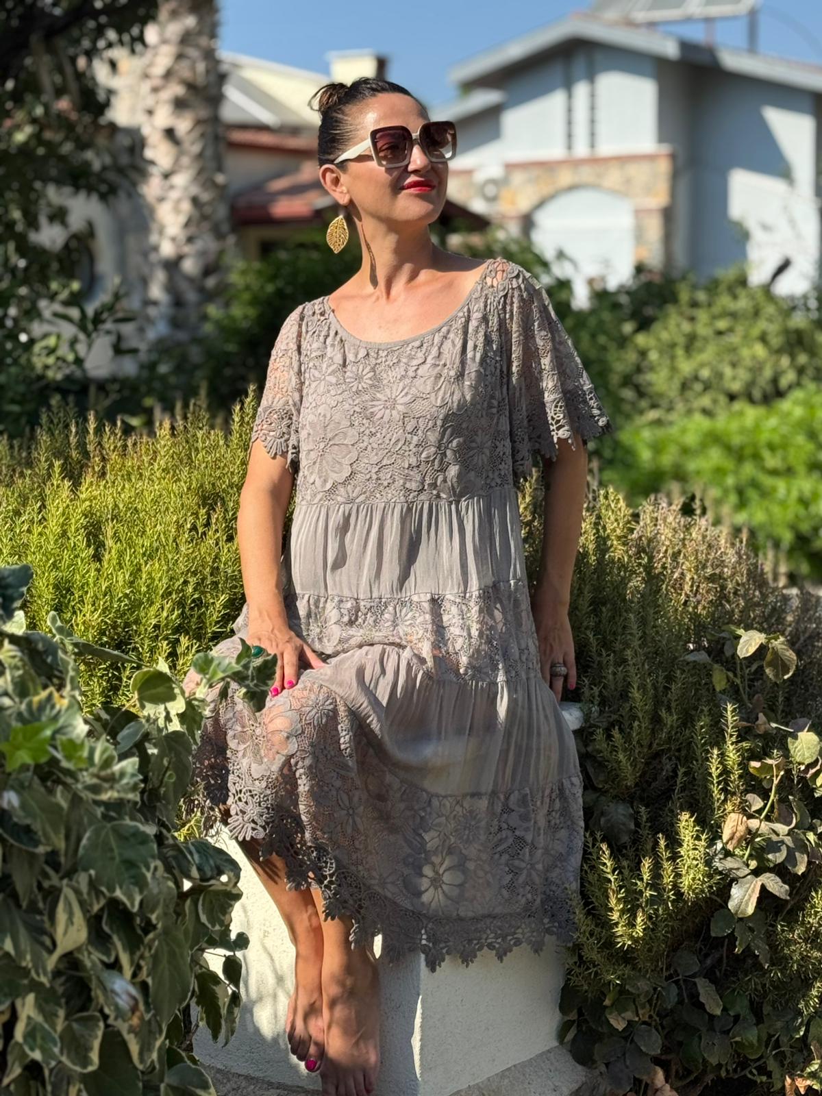 NCC10337 İtalyan İpek Elbise Vizon