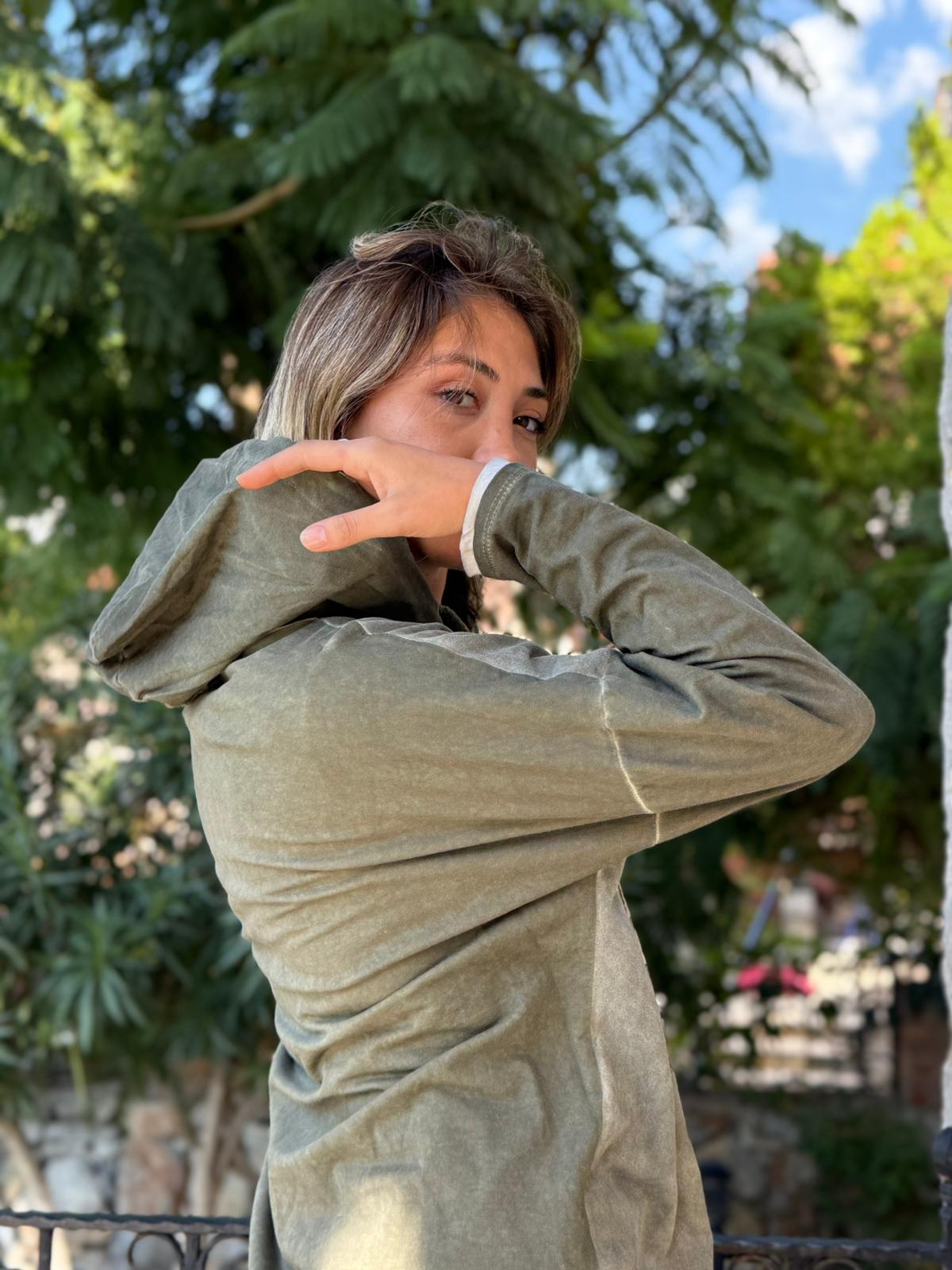 NC56152 İtalyan Leopar Baskılı Kapüşonlu Sweatshirt Haki