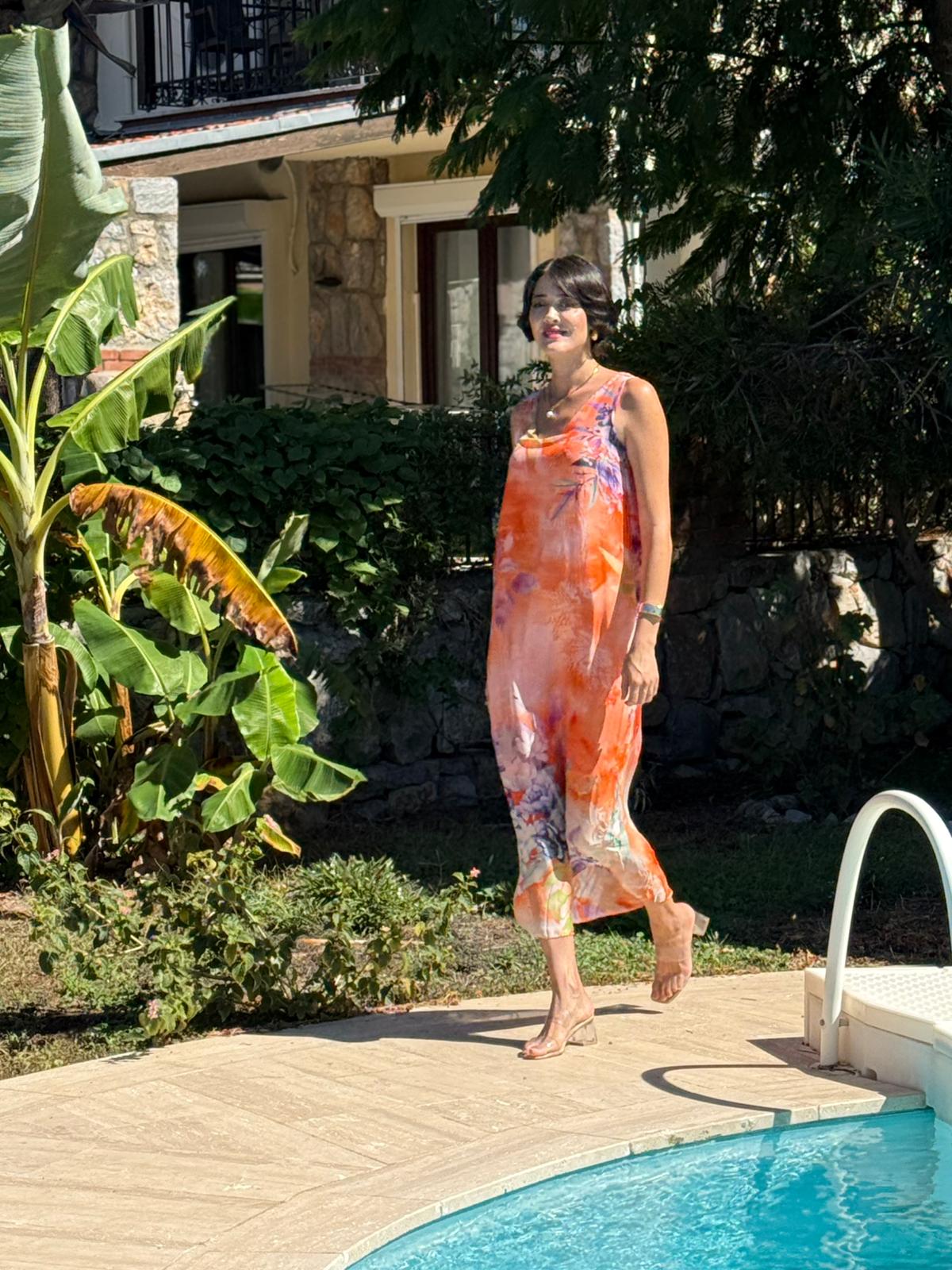 YG20641 İtalyan Çiçekli Askılı İpek Elbise Oranj