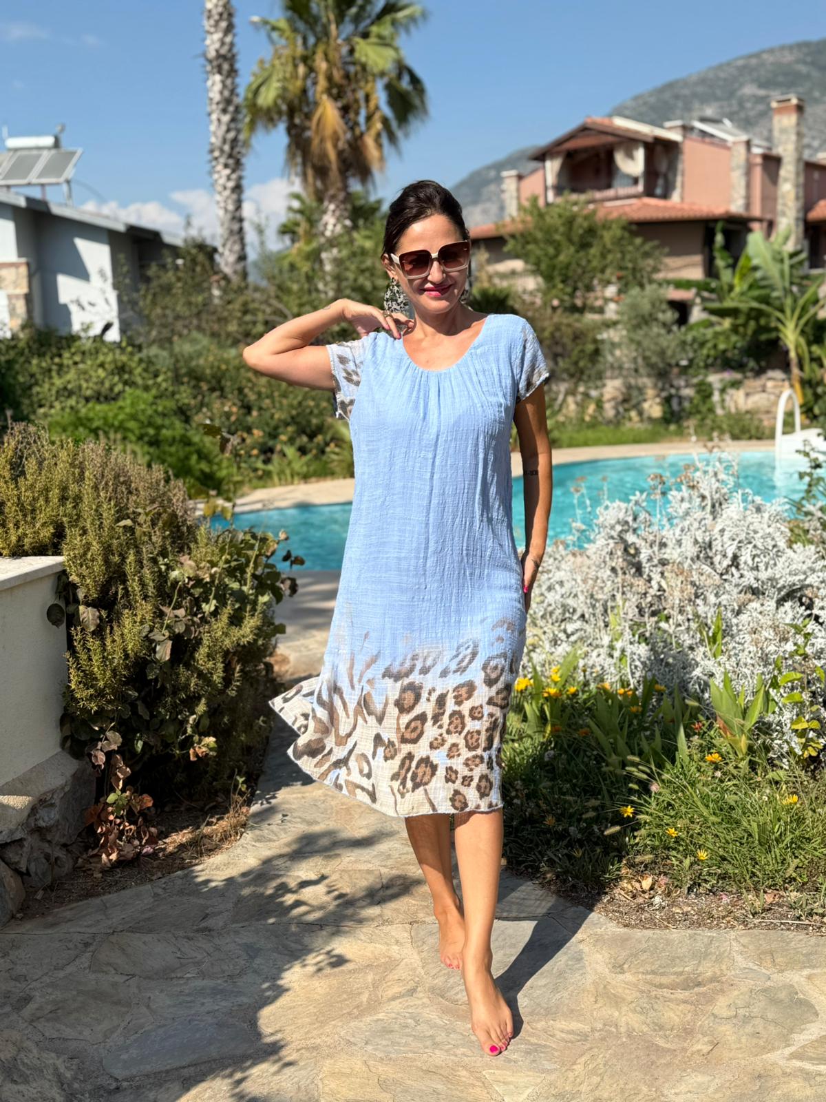 NC50848 İtalyan Pamuk Keten Astarlı Elbise Mavi