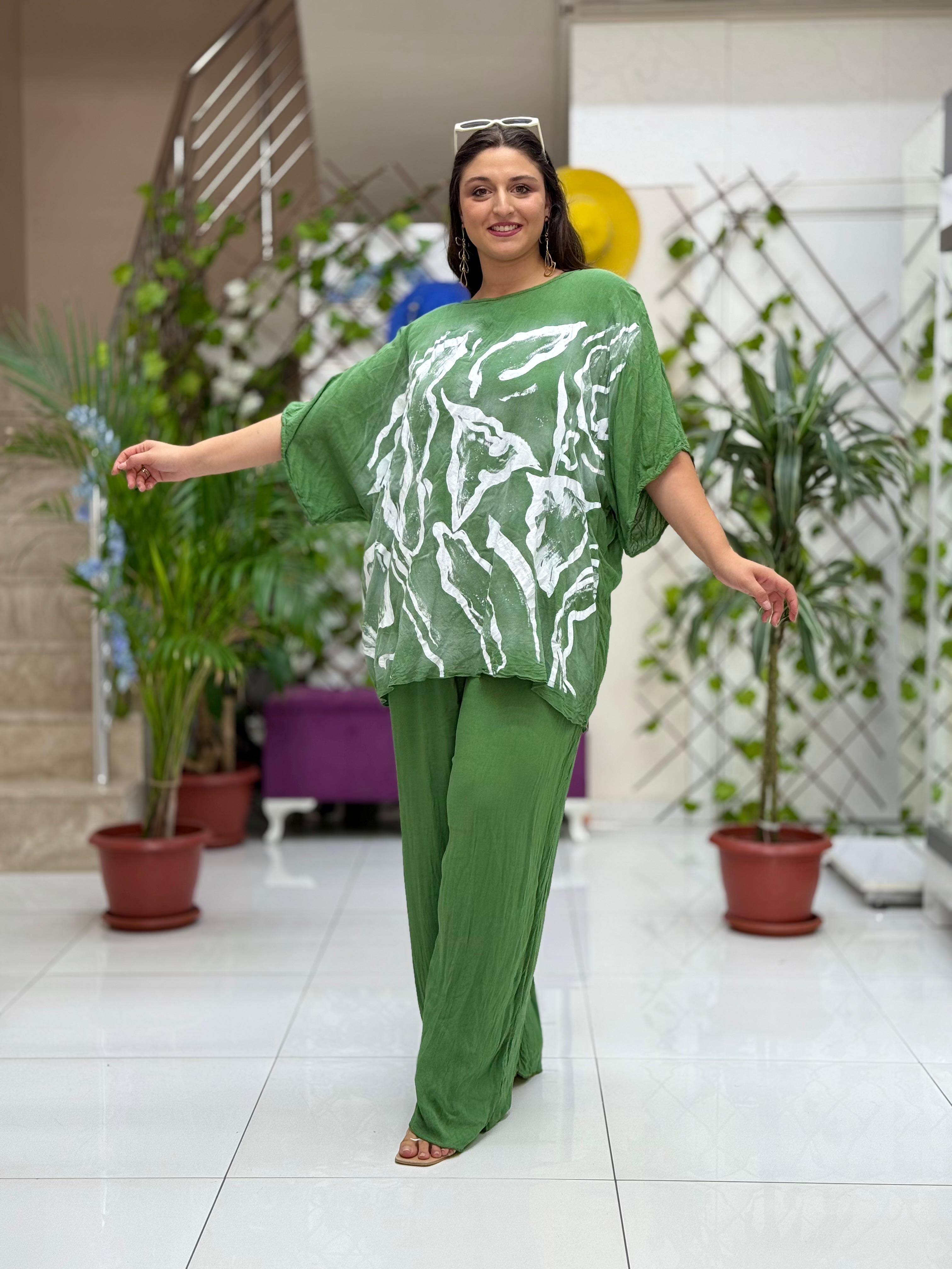 VL3159 %100 Vual Pamuk Bluz Pantolon Takım Haki