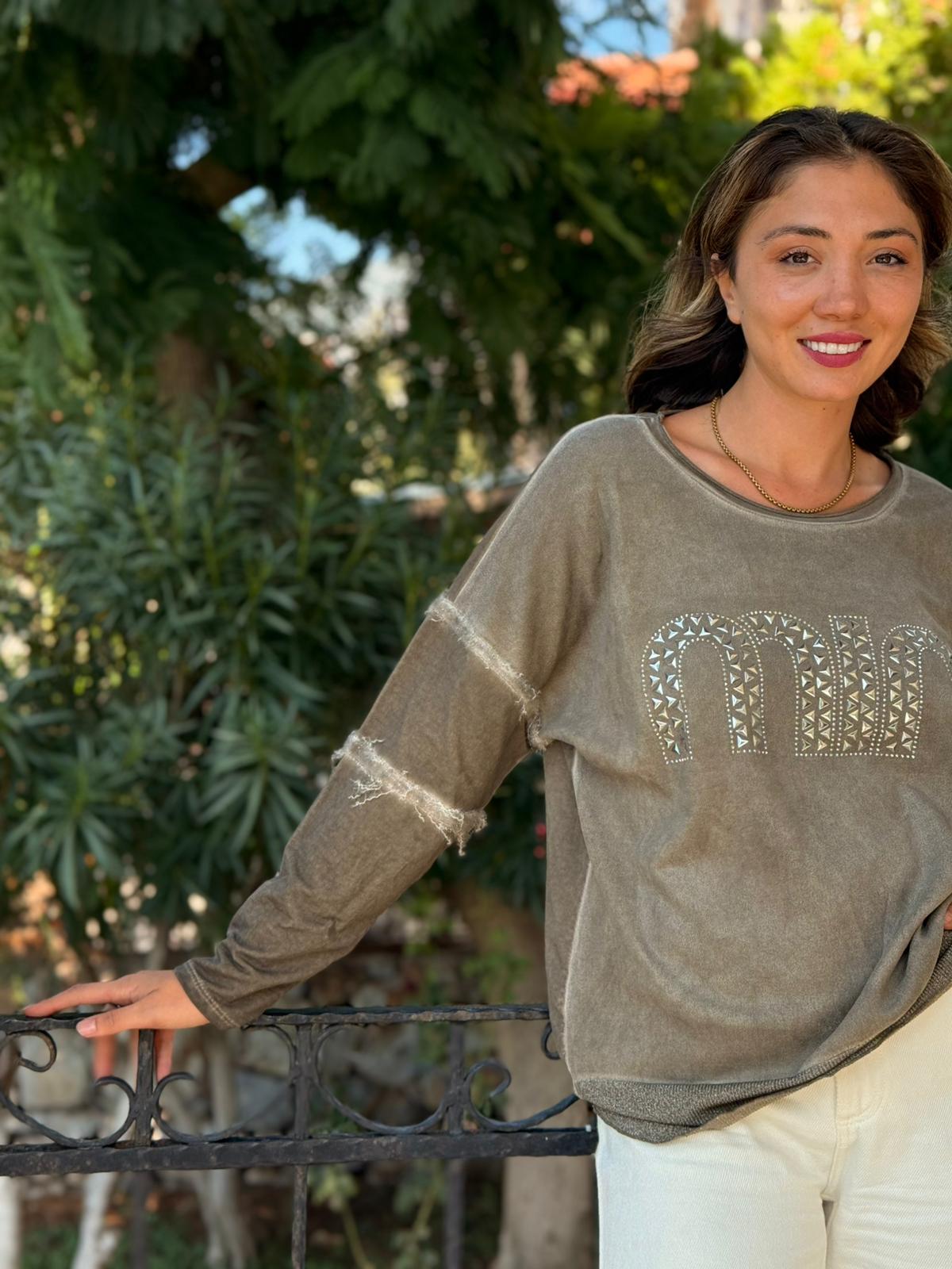 NC53659C İtalyan MIN Taşlı Coton Sweatshirt Vizon