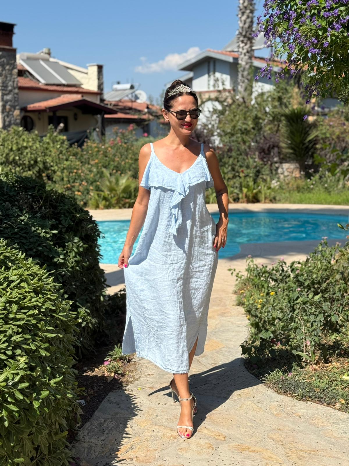 NC2132 İp Askılı Keten Önü Fırfırlı İtalyan Elbise Bebe Mavi