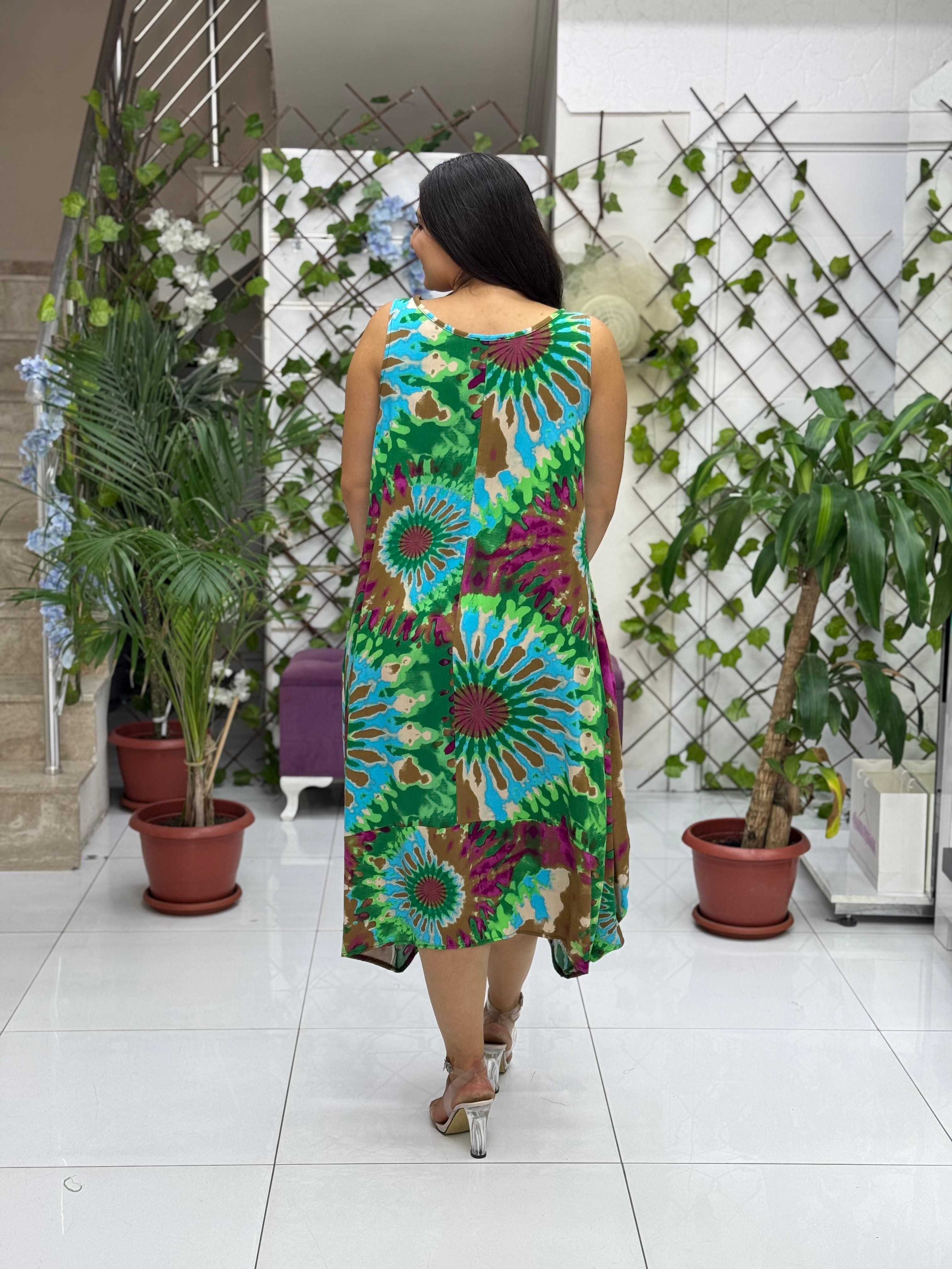 BD13306 Viskon Kolsuz Bodrum Batikli Elbise