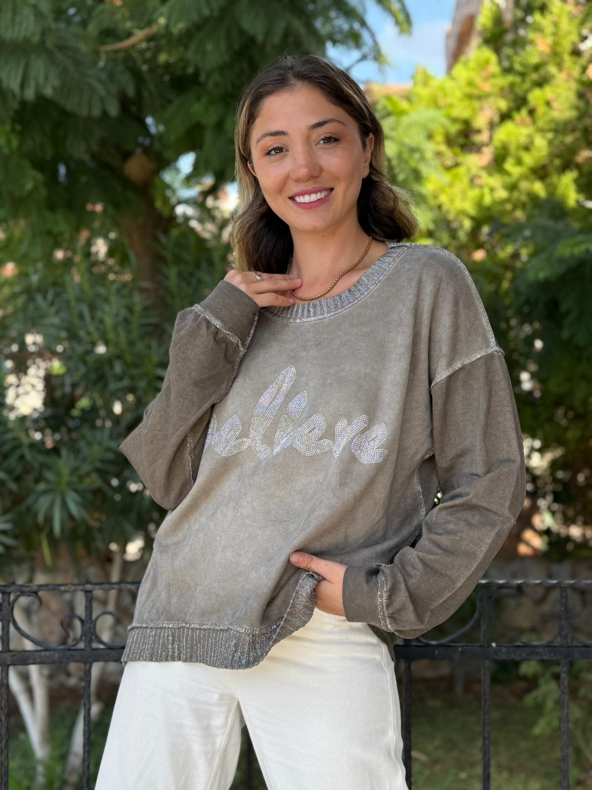 NC58939 İtalyan Believe Taşlı Sweatshirt Vizon