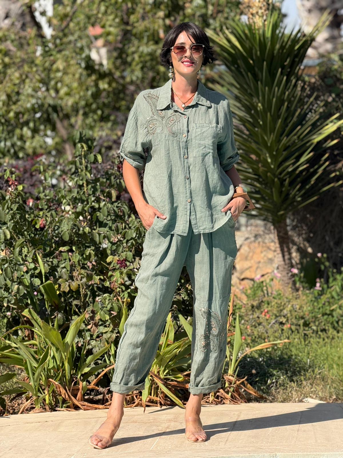 NC303334 İtalyan Pul Payetli Keten Takım Haki