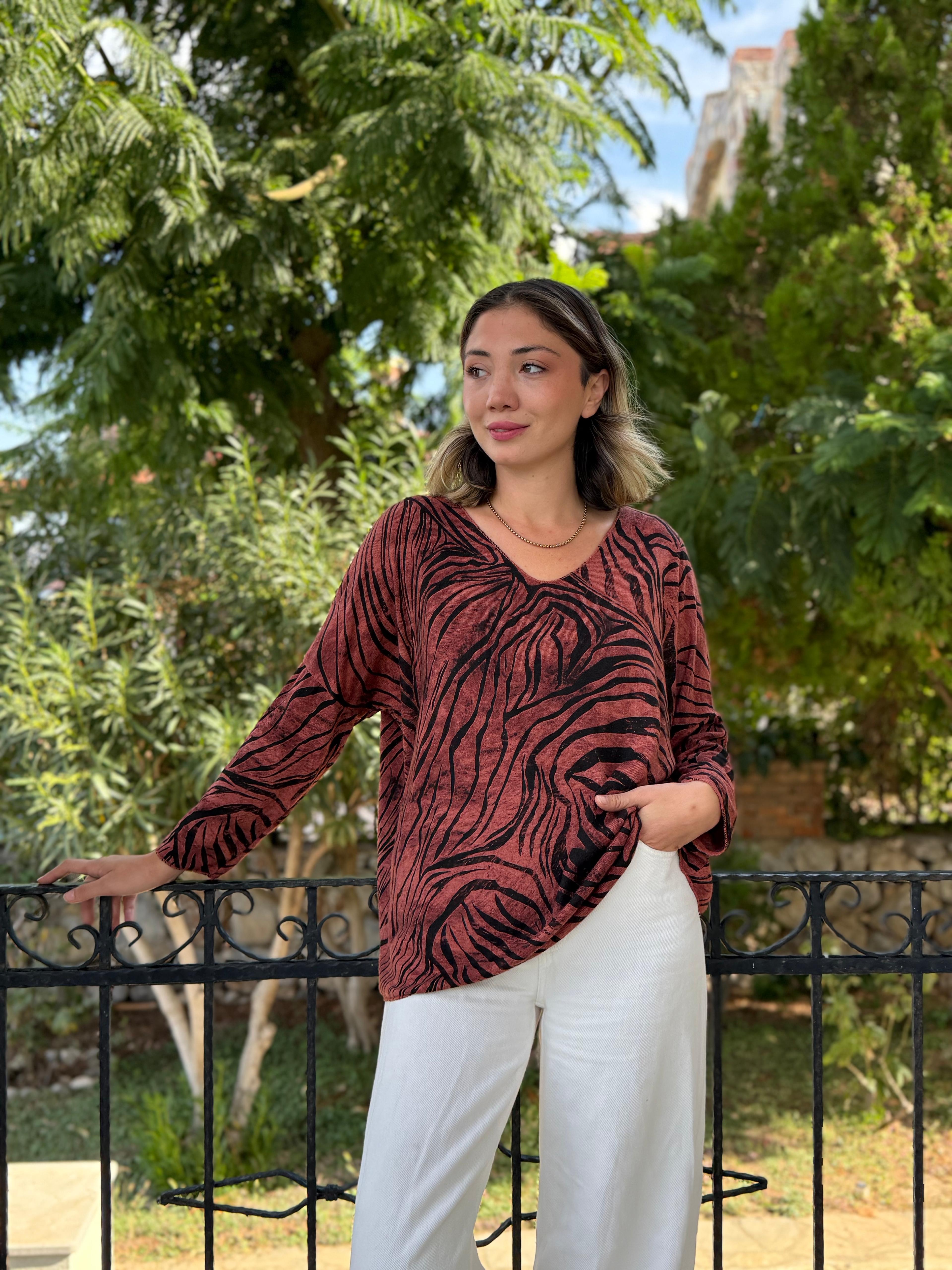 NC11285 İtalyan V Yaka Zebra Desenli Triko Bluz Kiremit