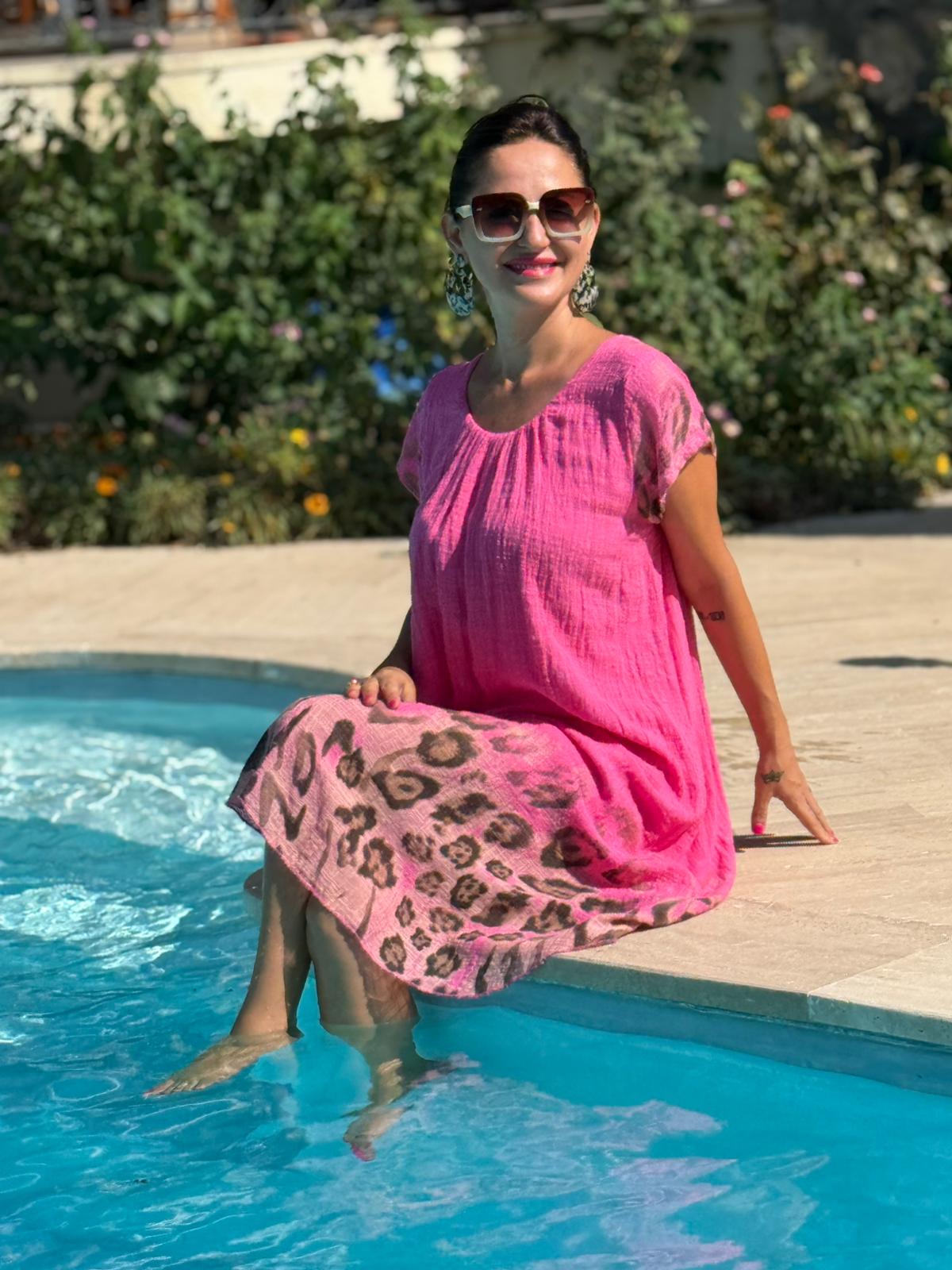 NC50848 İtalyan Pamuk Keten Astarlı Elbise Pembe