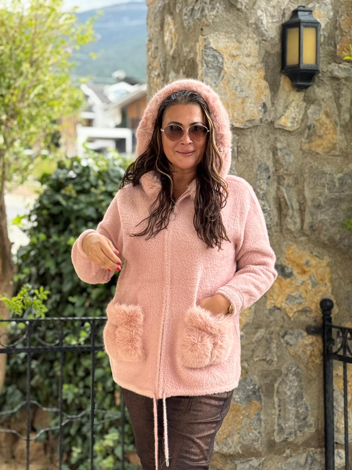 PT10665 Kapüşonlu Cebi Kürklü İtalyan Angora Kaban Pudra