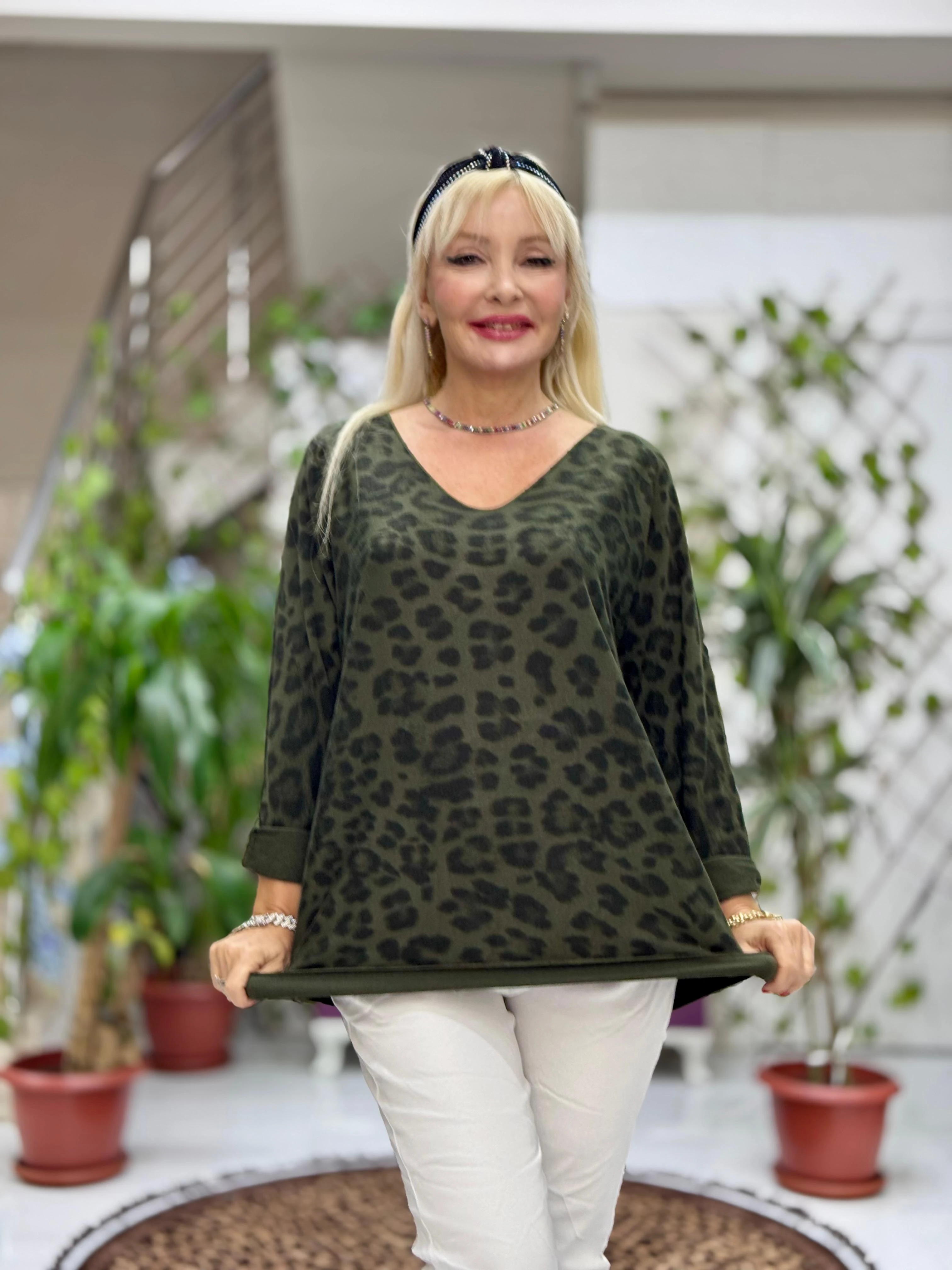 YG6266 Leopar Desenli İtalyan Triko Bluz Haki