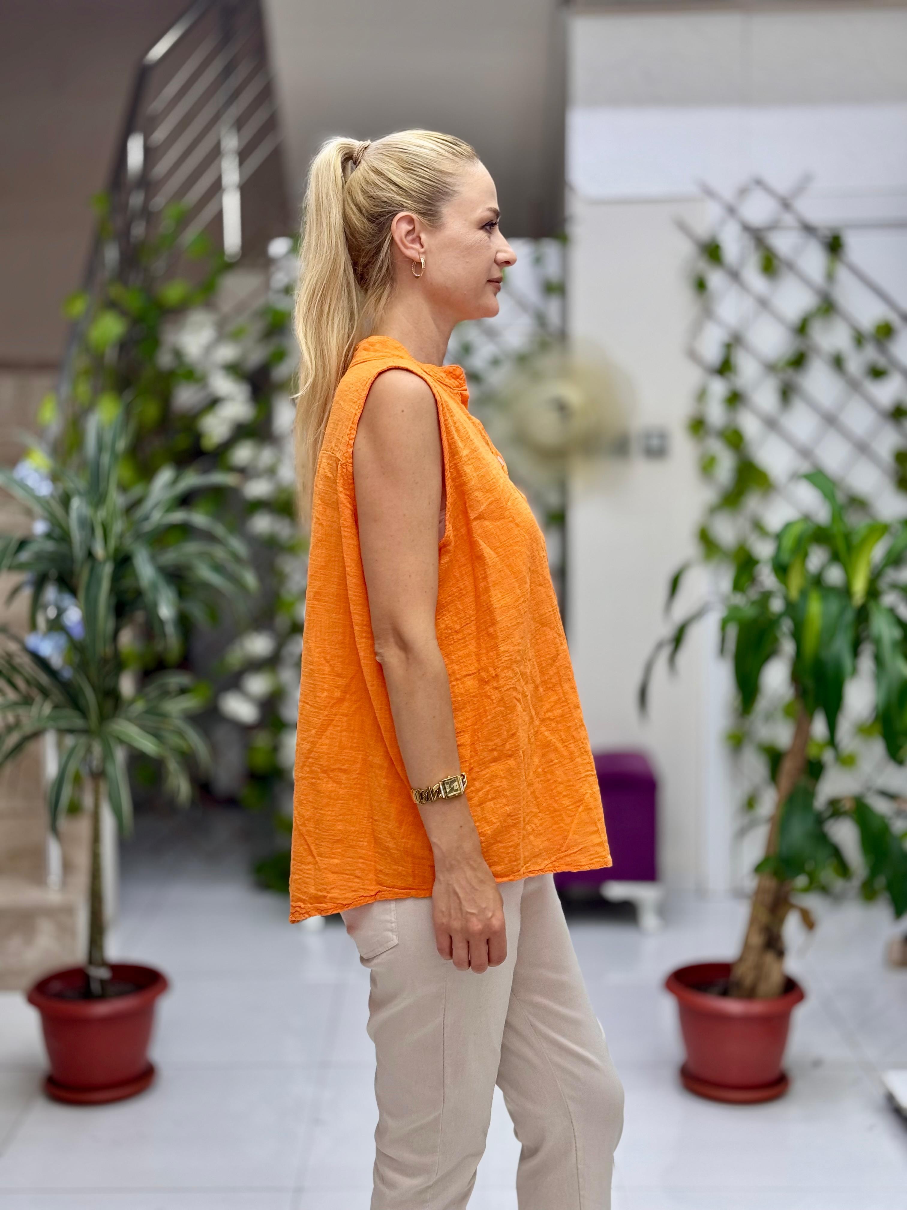 LS8819E Kolsuz Pamukketen Cepli İtalyan Bluz Oranj
