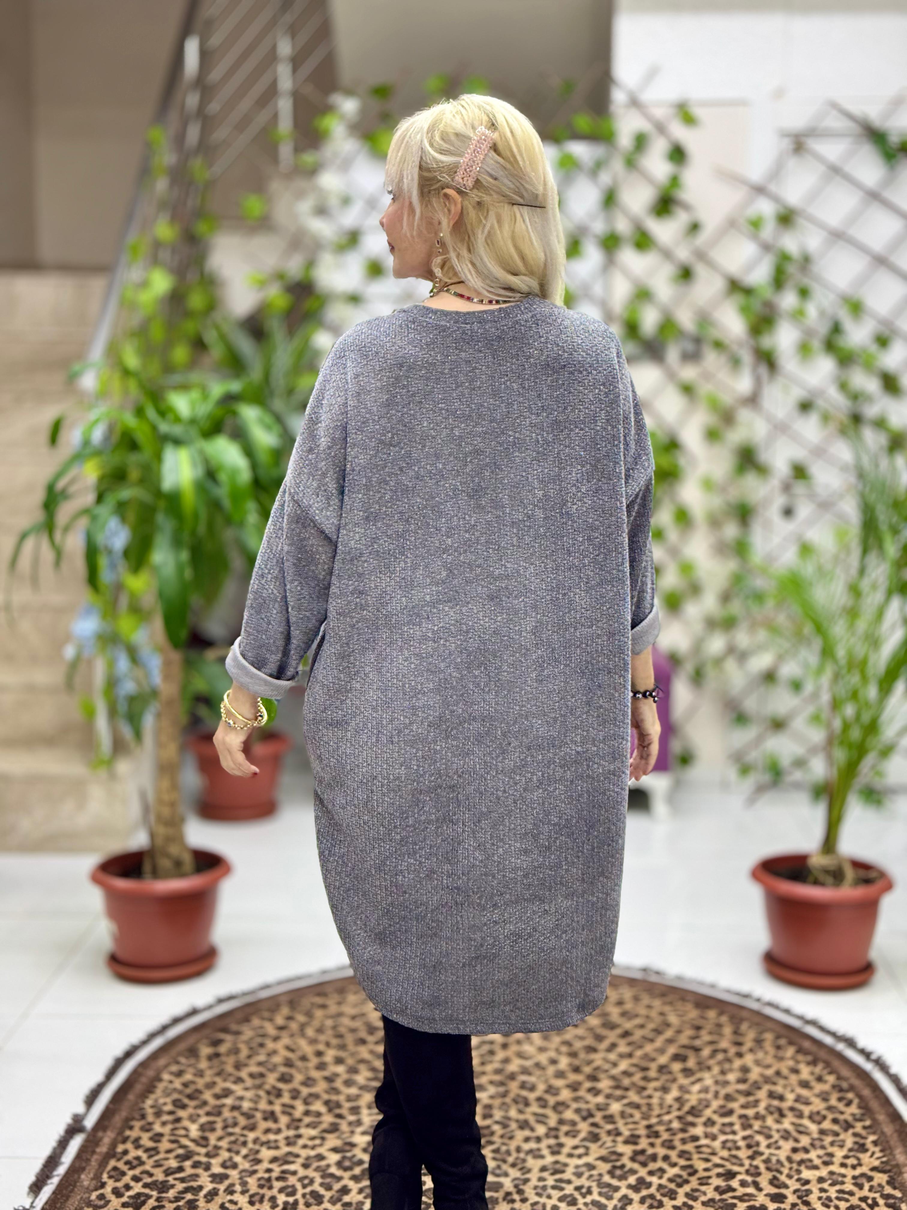 NC25158 Simit Yaka Kolyeli Simli İtalyan Kadife Elbise Gri