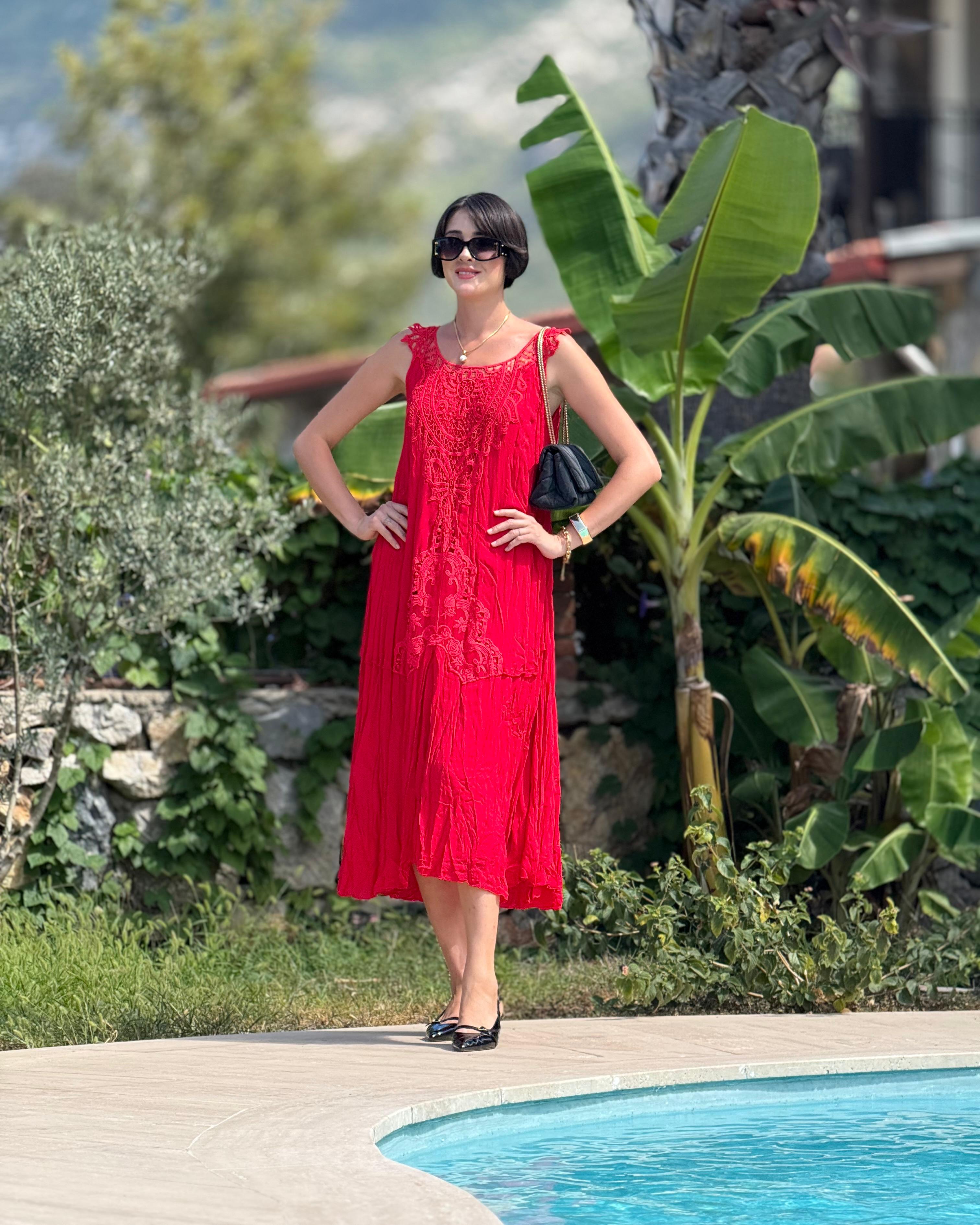 VL1046 Kolsuz Vual Elbise Kırmızı