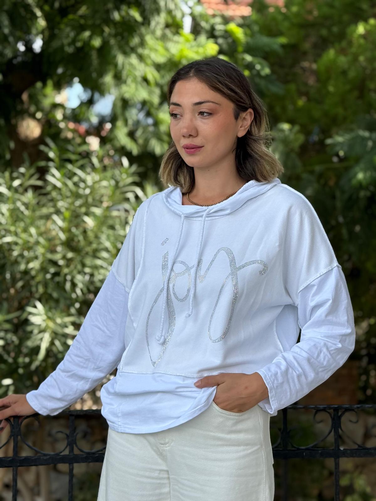 NC8533C İtalyan Joy Taşlı Kapüşonlu Coton Sweatshirt Beyaz