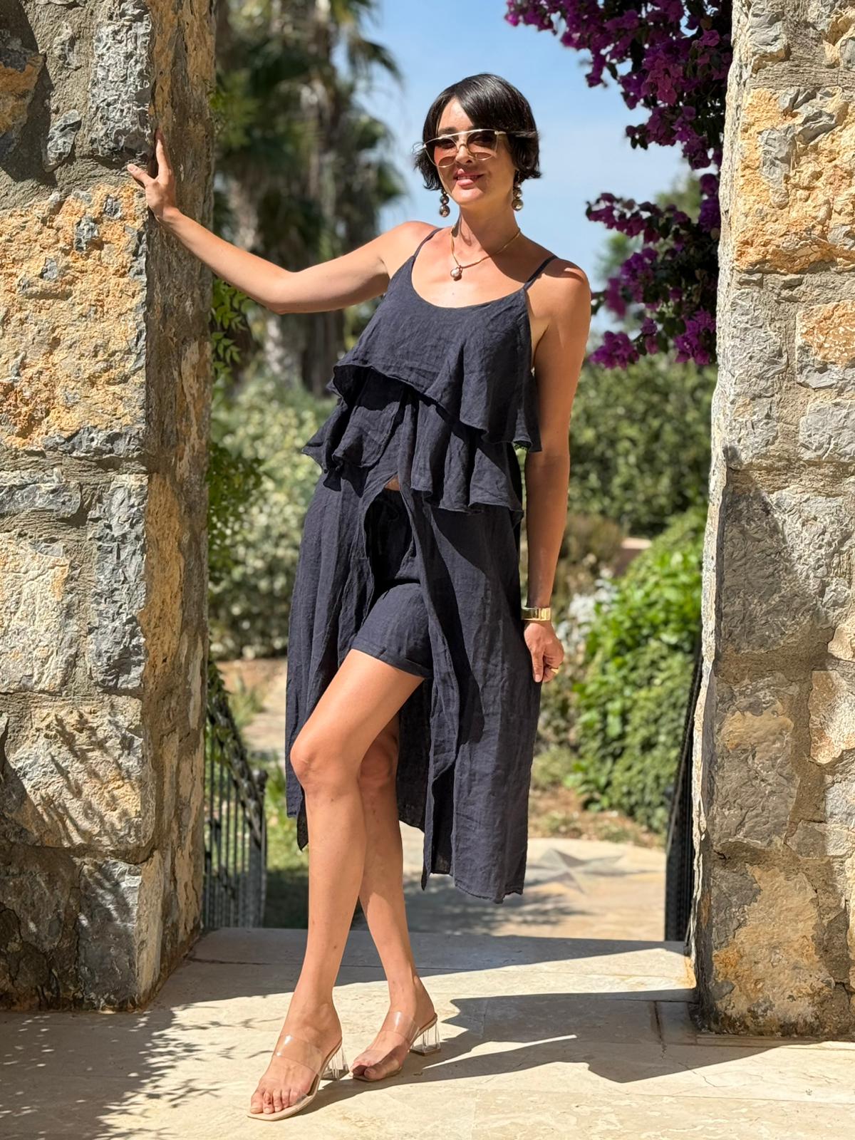 NC13179 İtalyan Keten Şortlu Takım Siyah