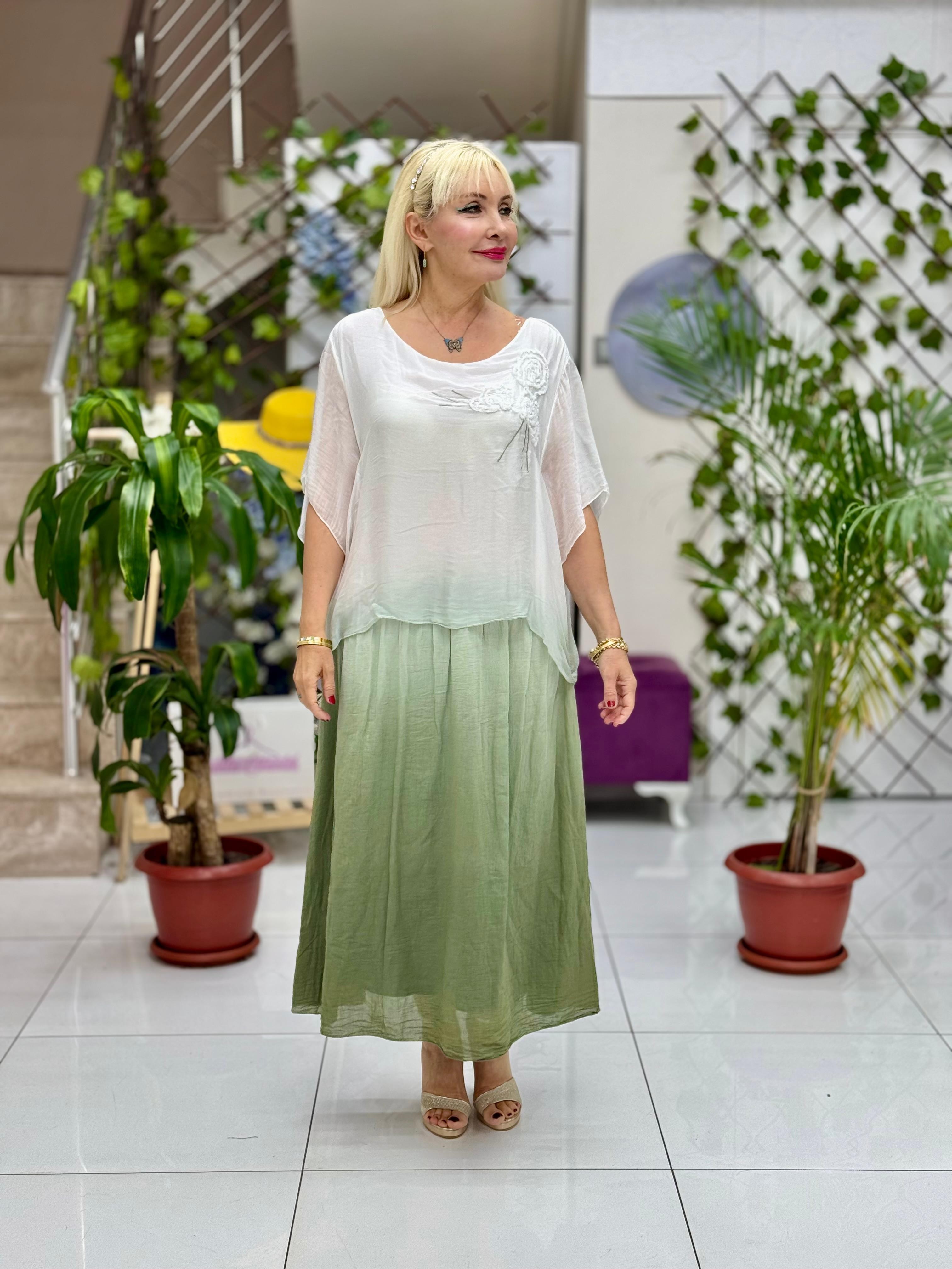 YG5041 Çiçek Desen İpek Coton Elbise Haki