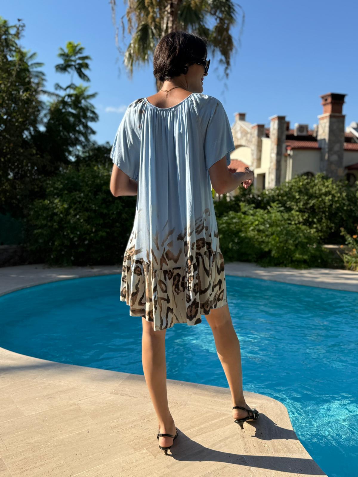 NC10526 İtalyan Yaka Lastikli Leoparlı Coton Elbise Bebe Mavi