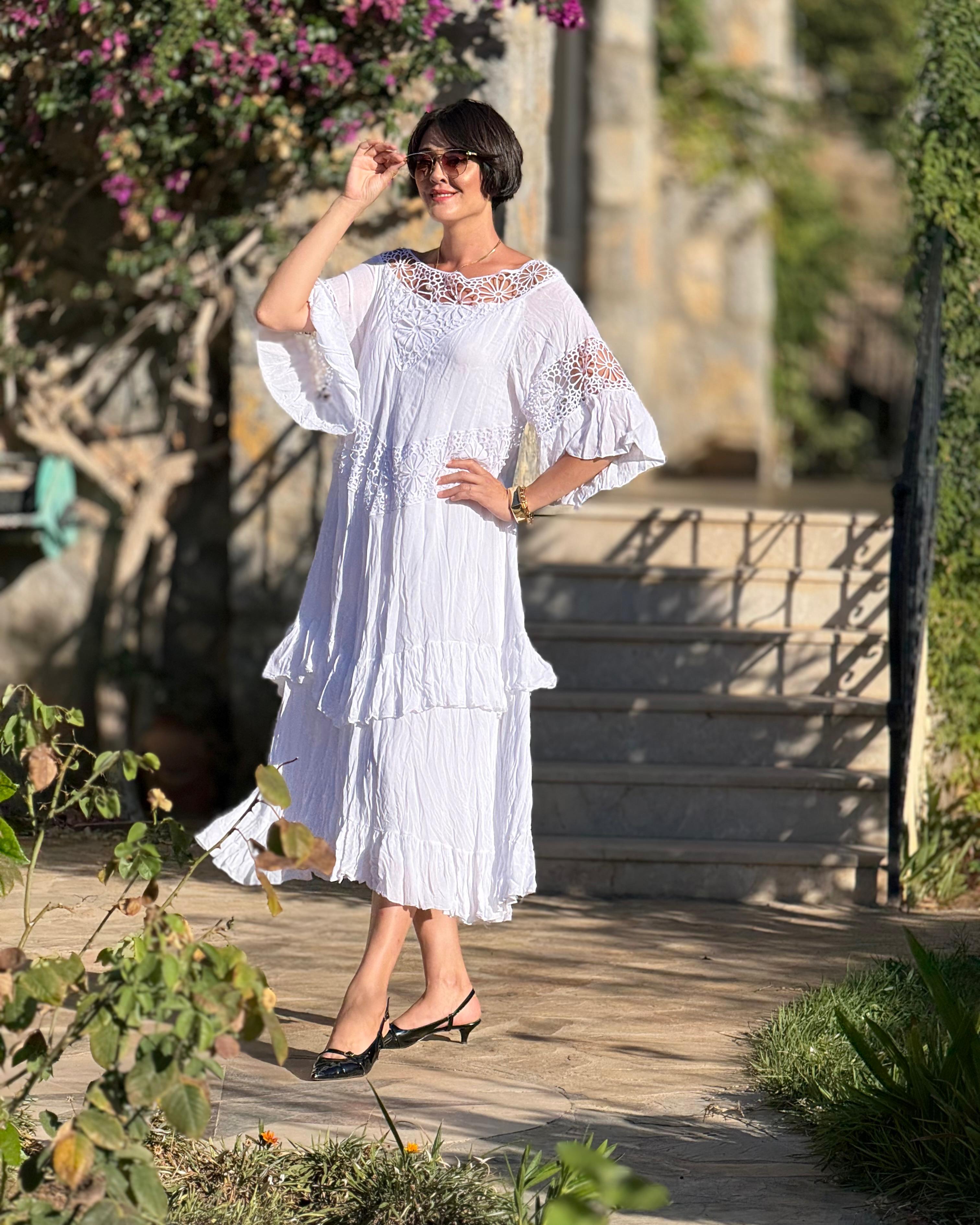 VL12008 Yaka Detay Vual Elbise Beyaz