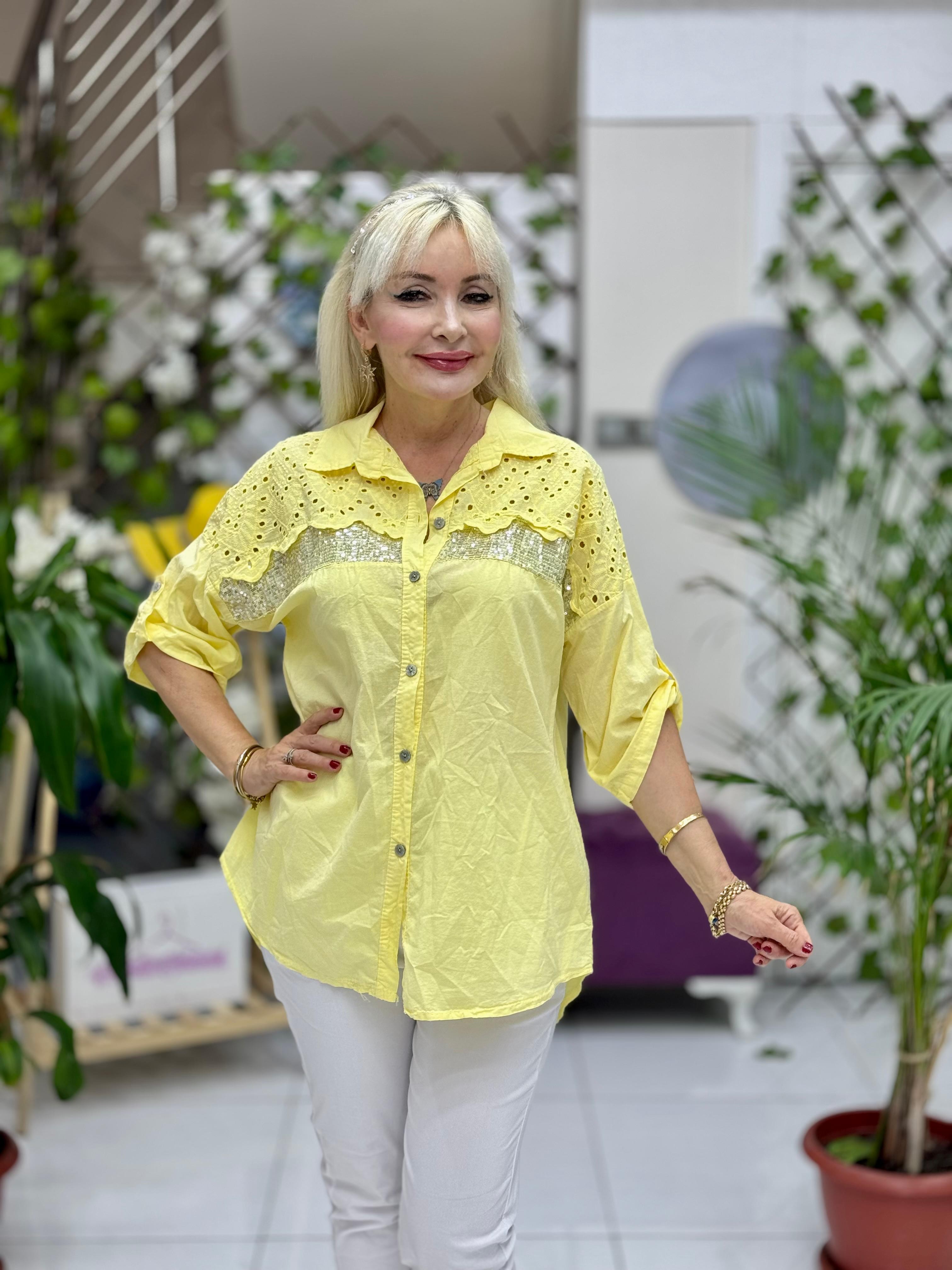 NC25537 İtalyan Fisto Göğüs Pul Payet Coton Gömlek Sarı