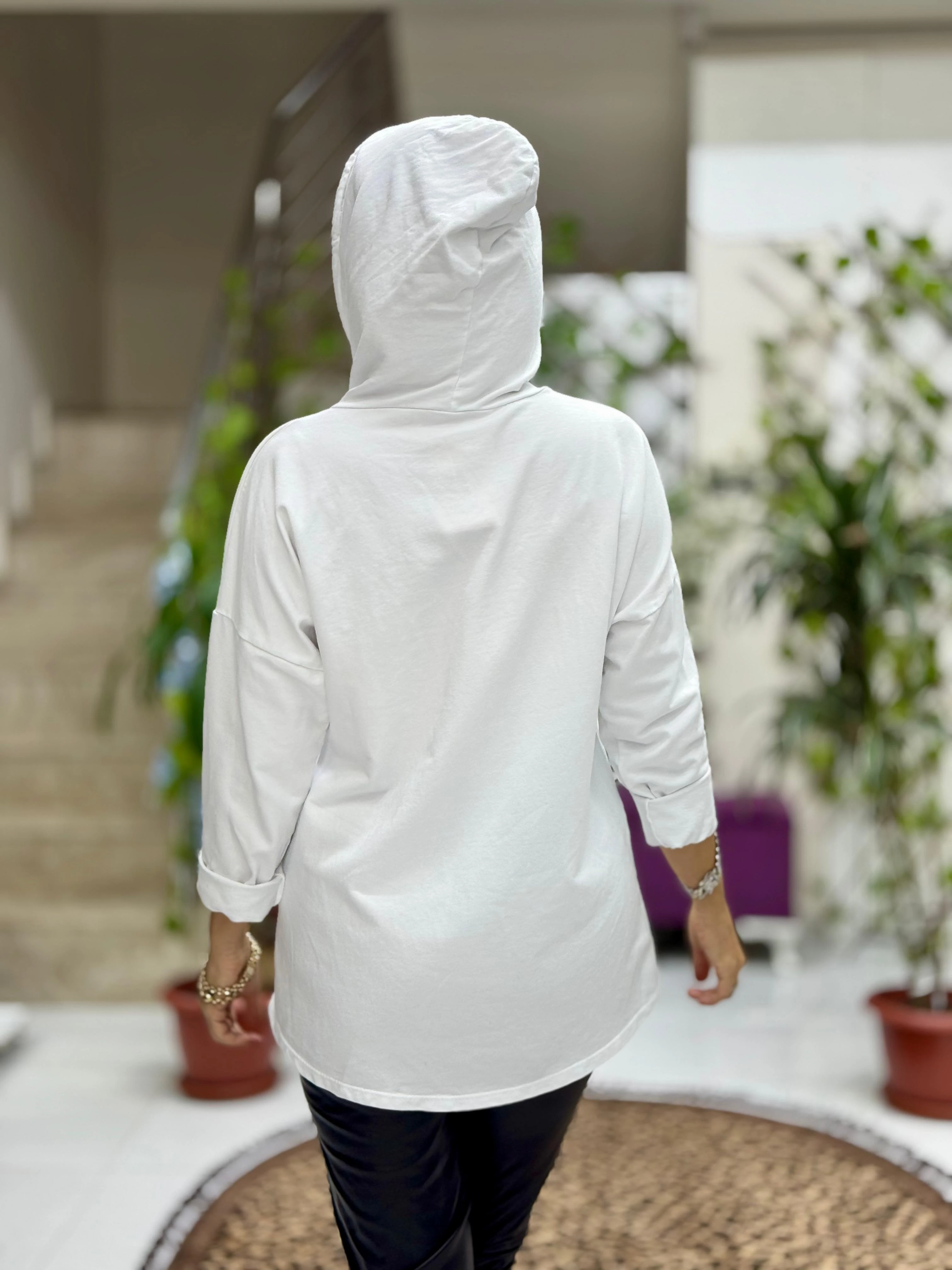 NC56868 İtalyan Enjoy Yazılı Kapüşonlu Coton Sweatshirt Beyaz