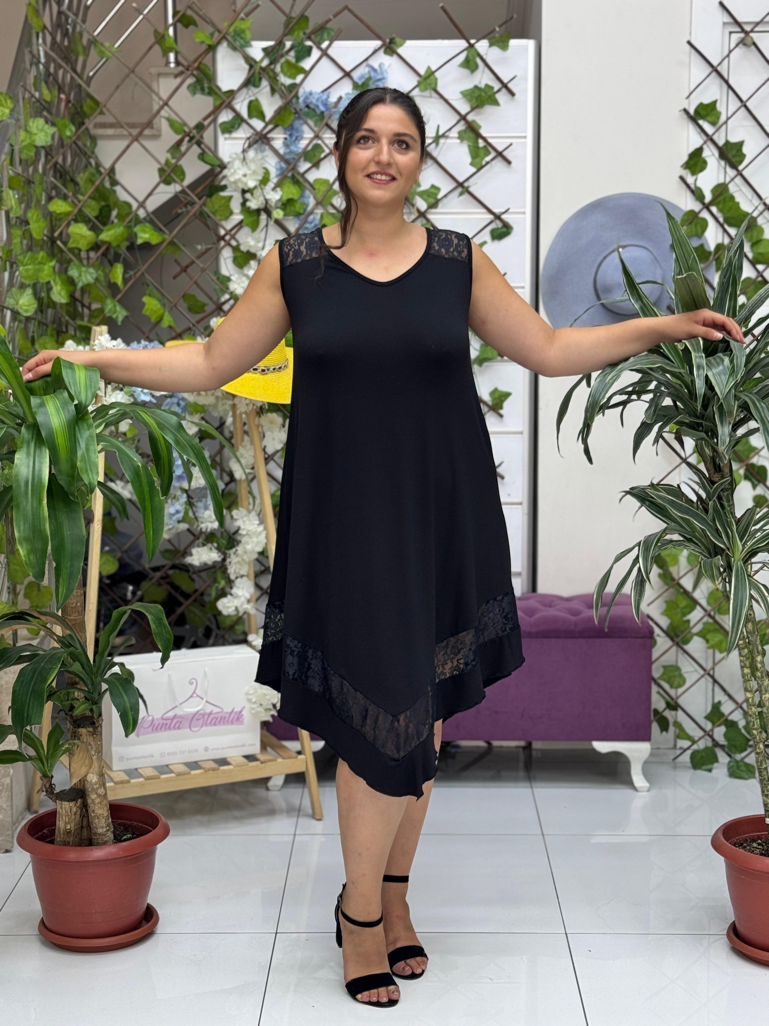 TS1009 Dantelli Askılı Turlu Viskon Elbise Siyah