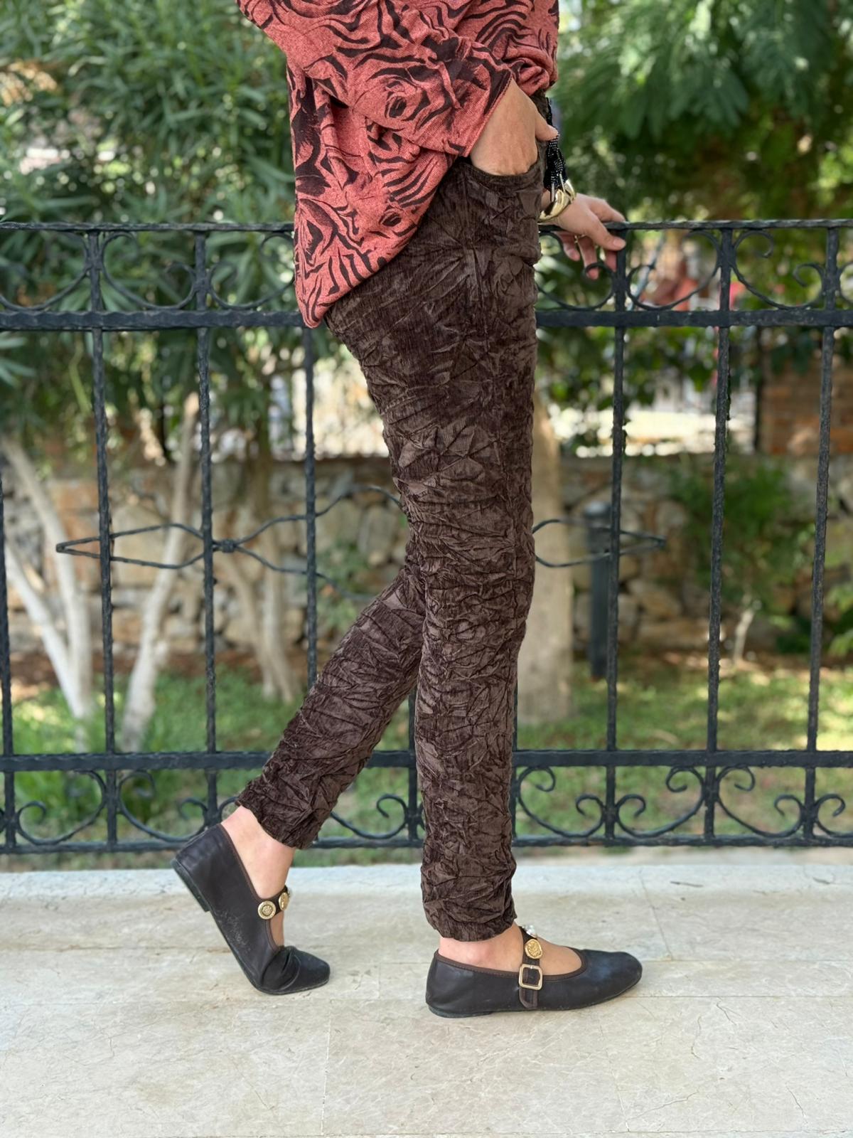 NC50637 İtalyan Likralı Parlak Kadife Pantolon Koyu Kahve