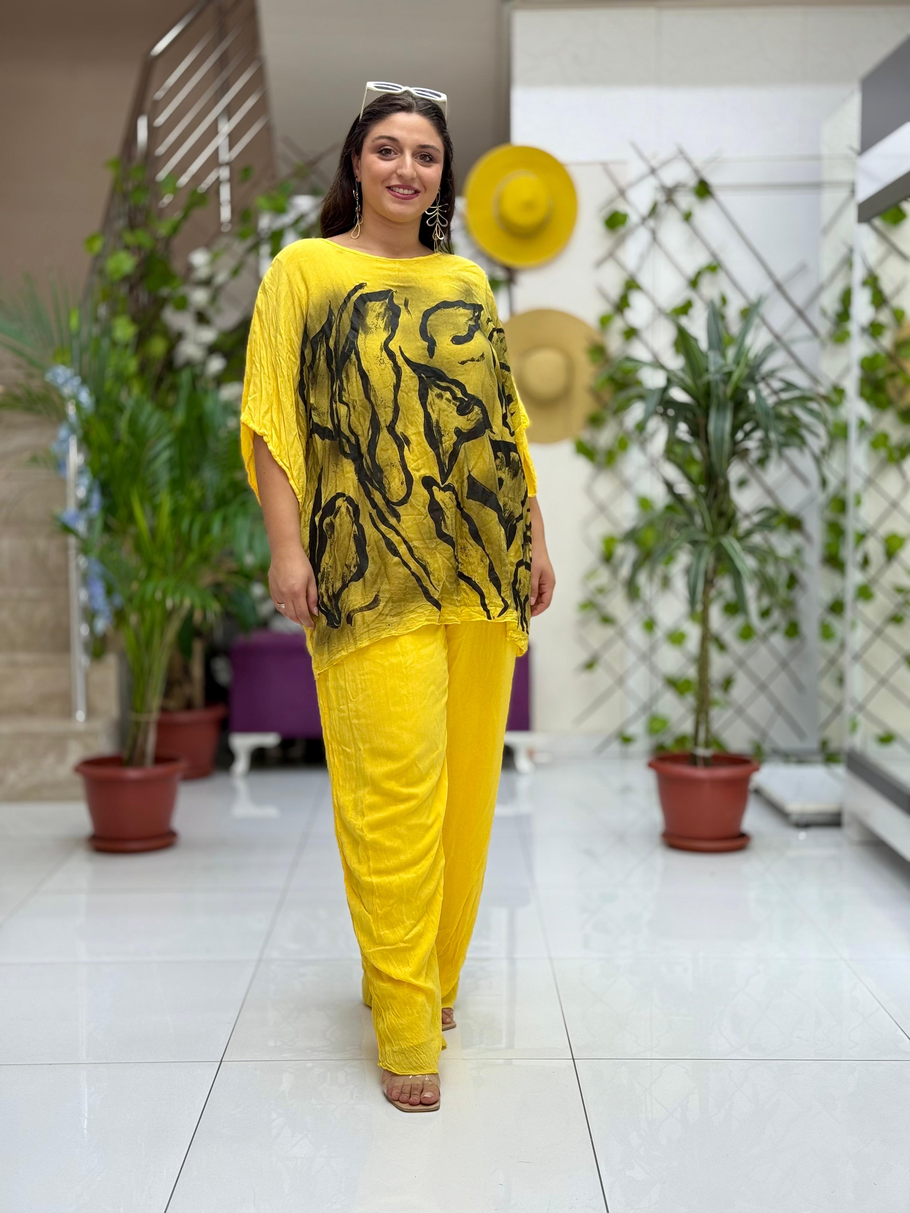 VL3159 %100 Vual Pamuk Bluz Pantolon Takım Sarı