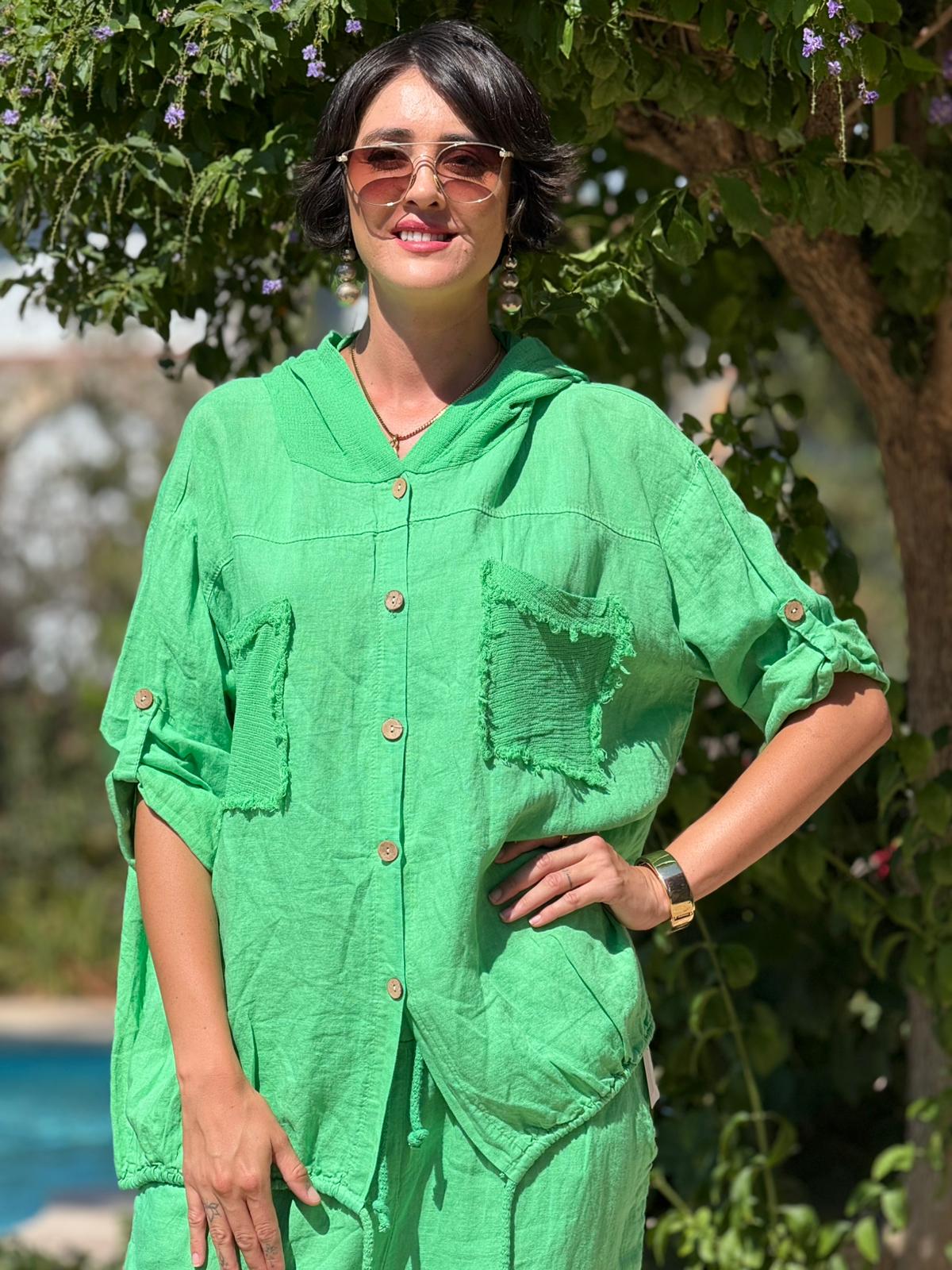 PT2256 İtalyan Önü Cepli Kapüşonlu Keten Takım Yeşil