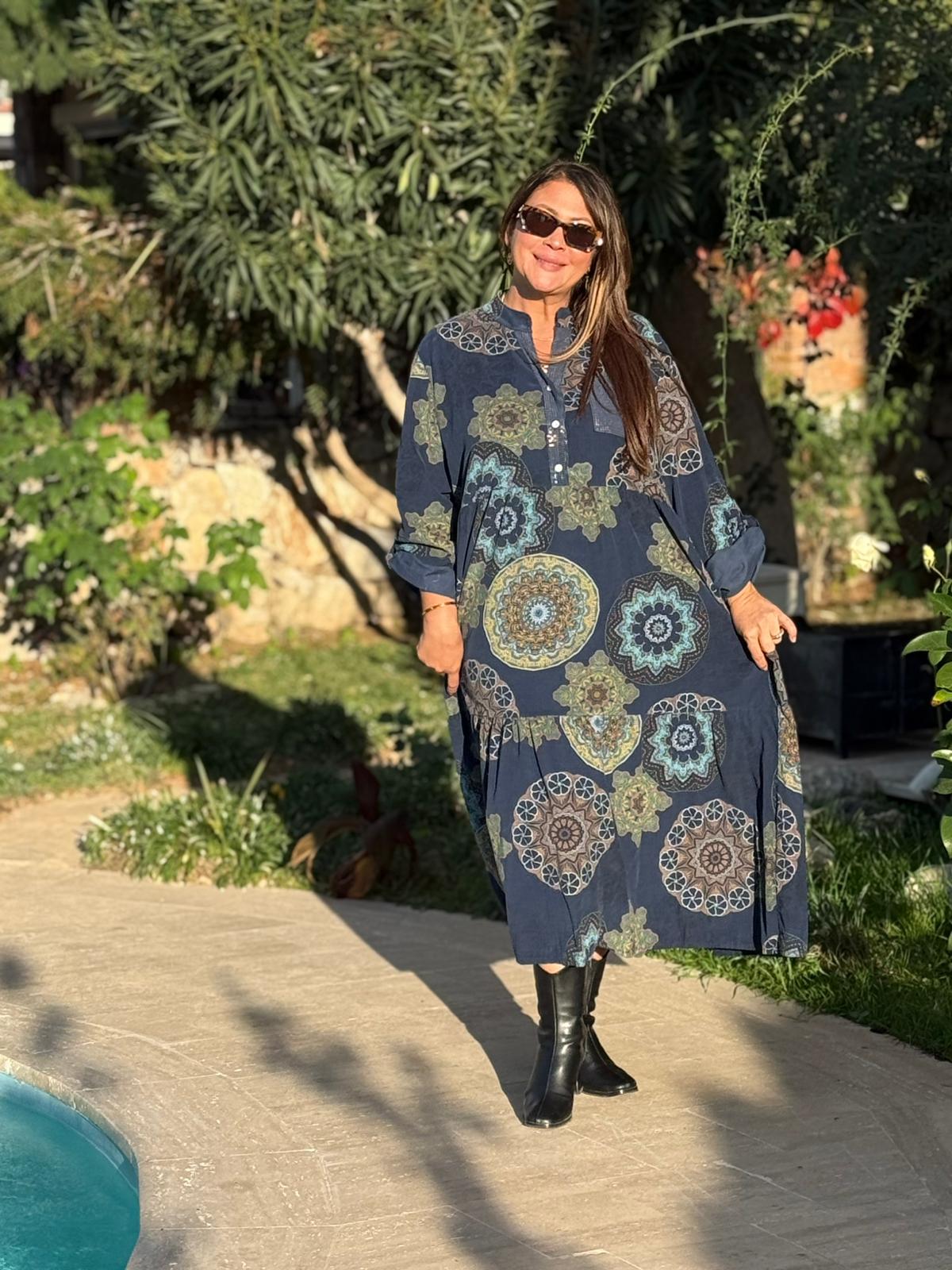 YG12573 Mandala Desen İtalyan Kadife Elbise Lacivert