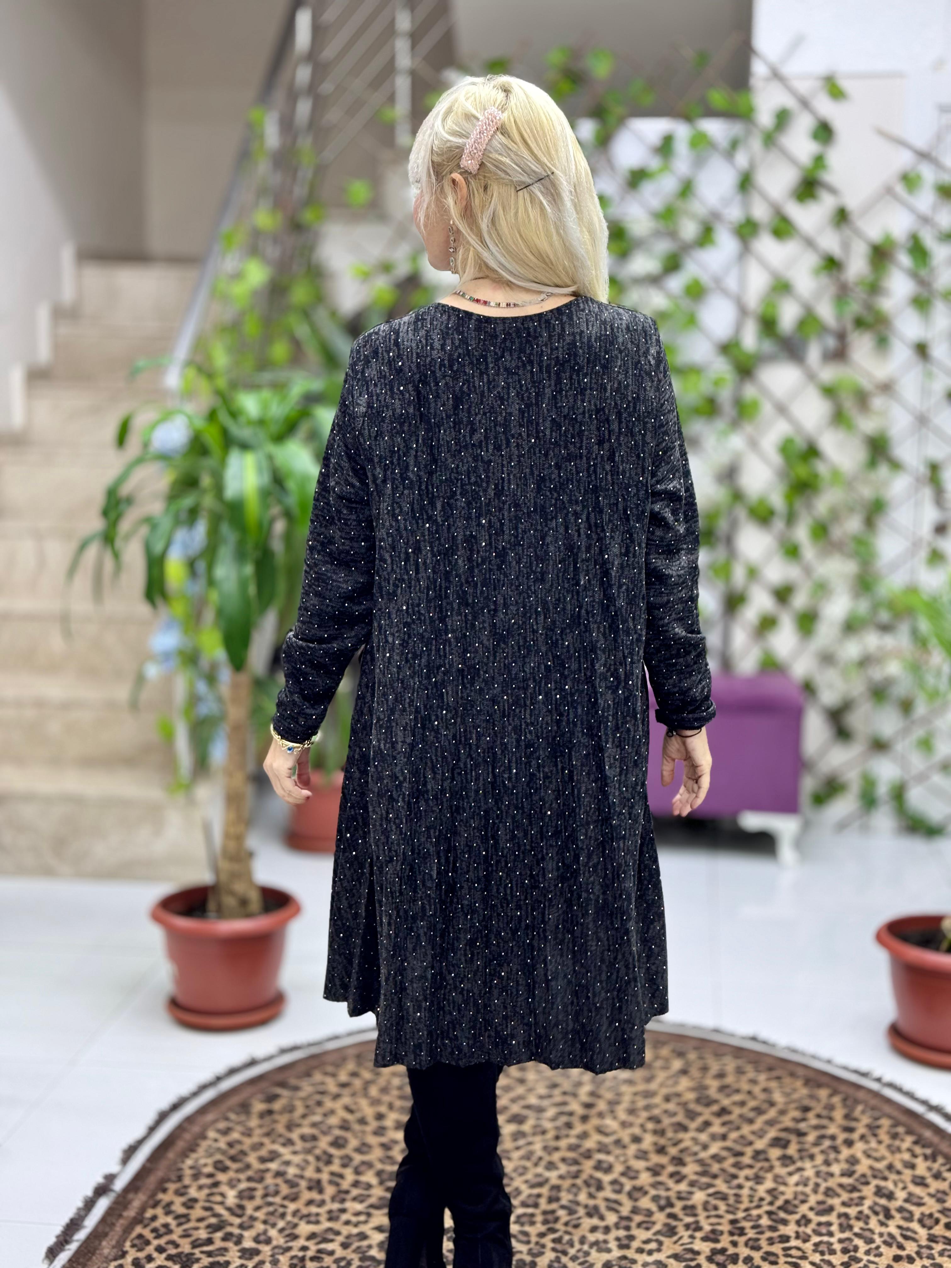 NC21419 Kolyeli Taşlı Pileli İtalyan Triko Elbise Siyah