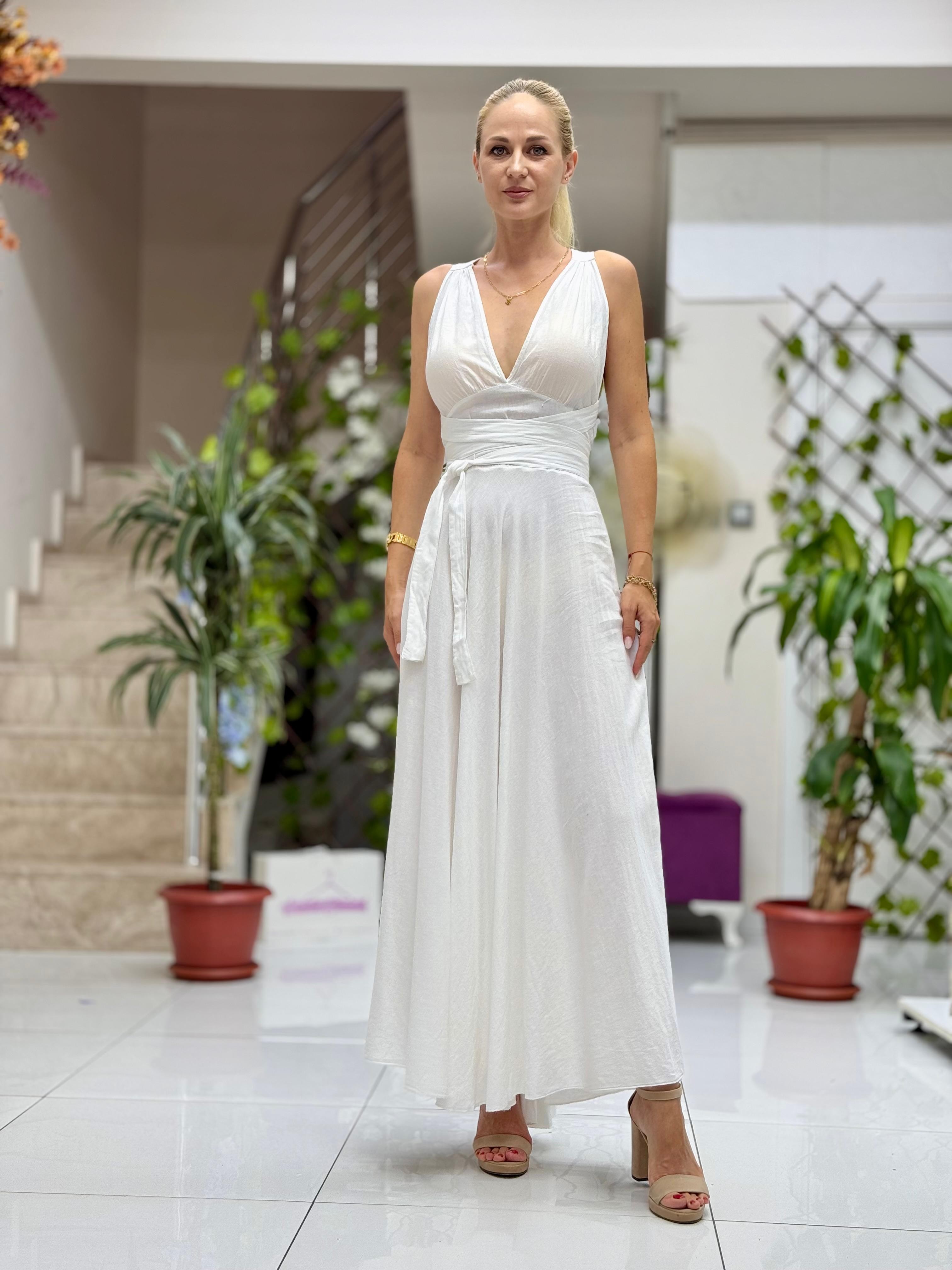 PT25071 Omuz Bağlamalı Belden Kuşaklı Sırtı Açık Coton Elbise Beyaz