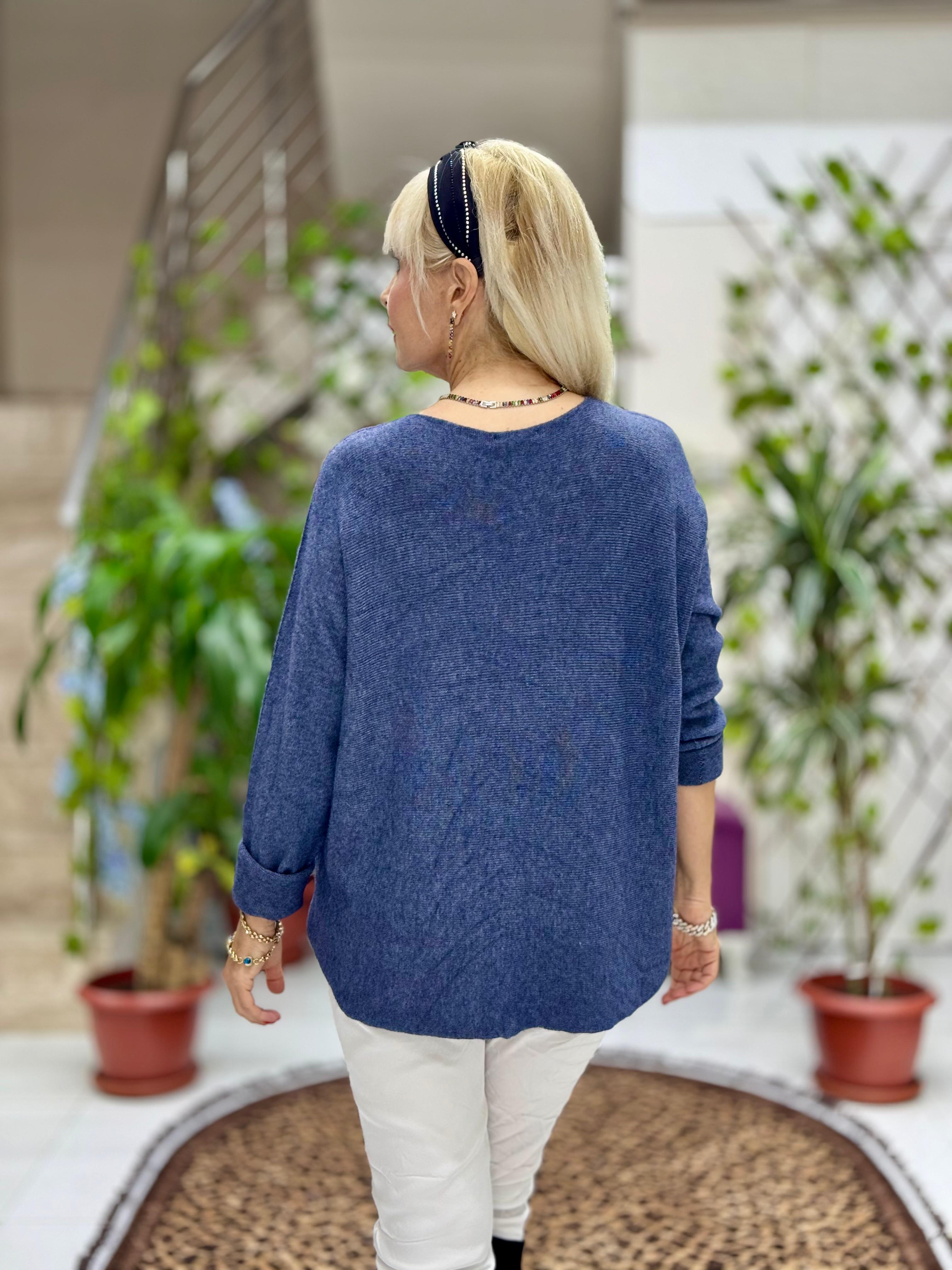 YG8022 Çiçek Desenli Taşlı İtalyan Triko Bluz Mavi