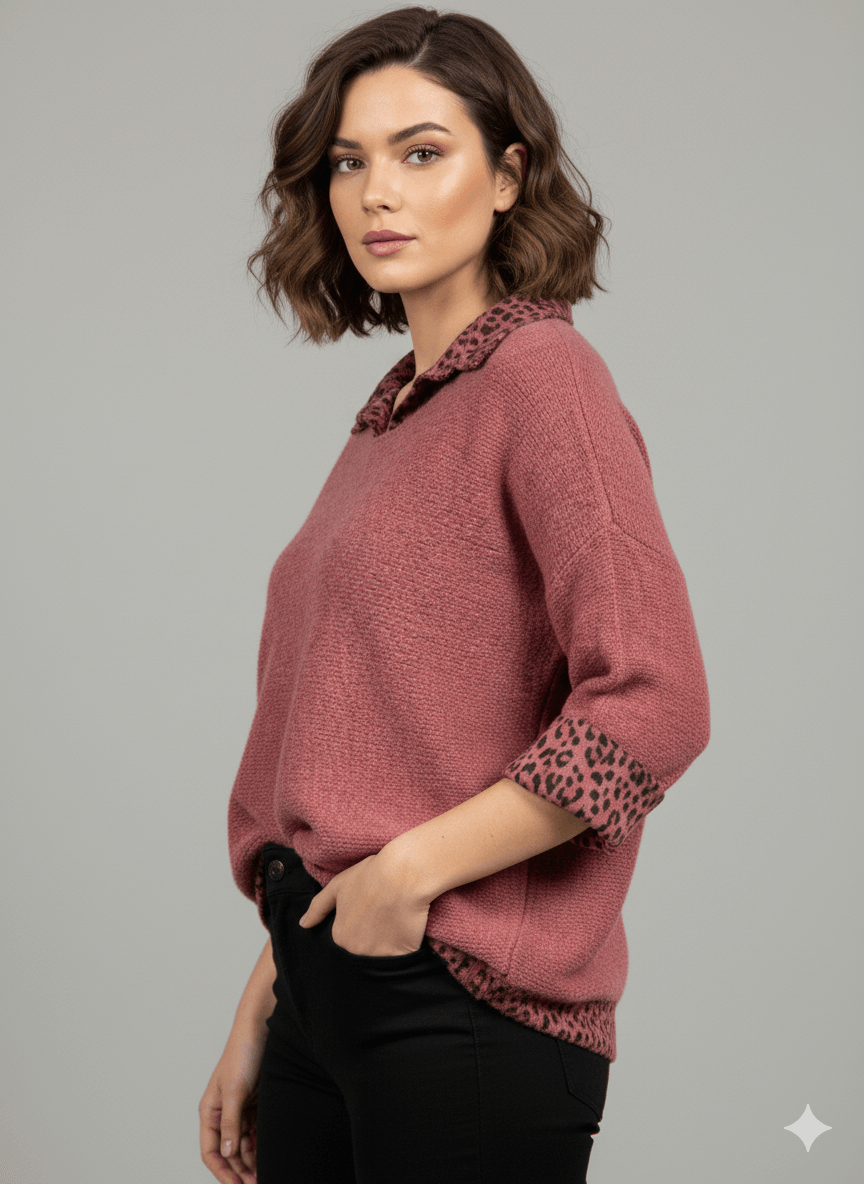 NC516022 İtalyan Leopar Desen Erkek Yaka Kazak Bordo
