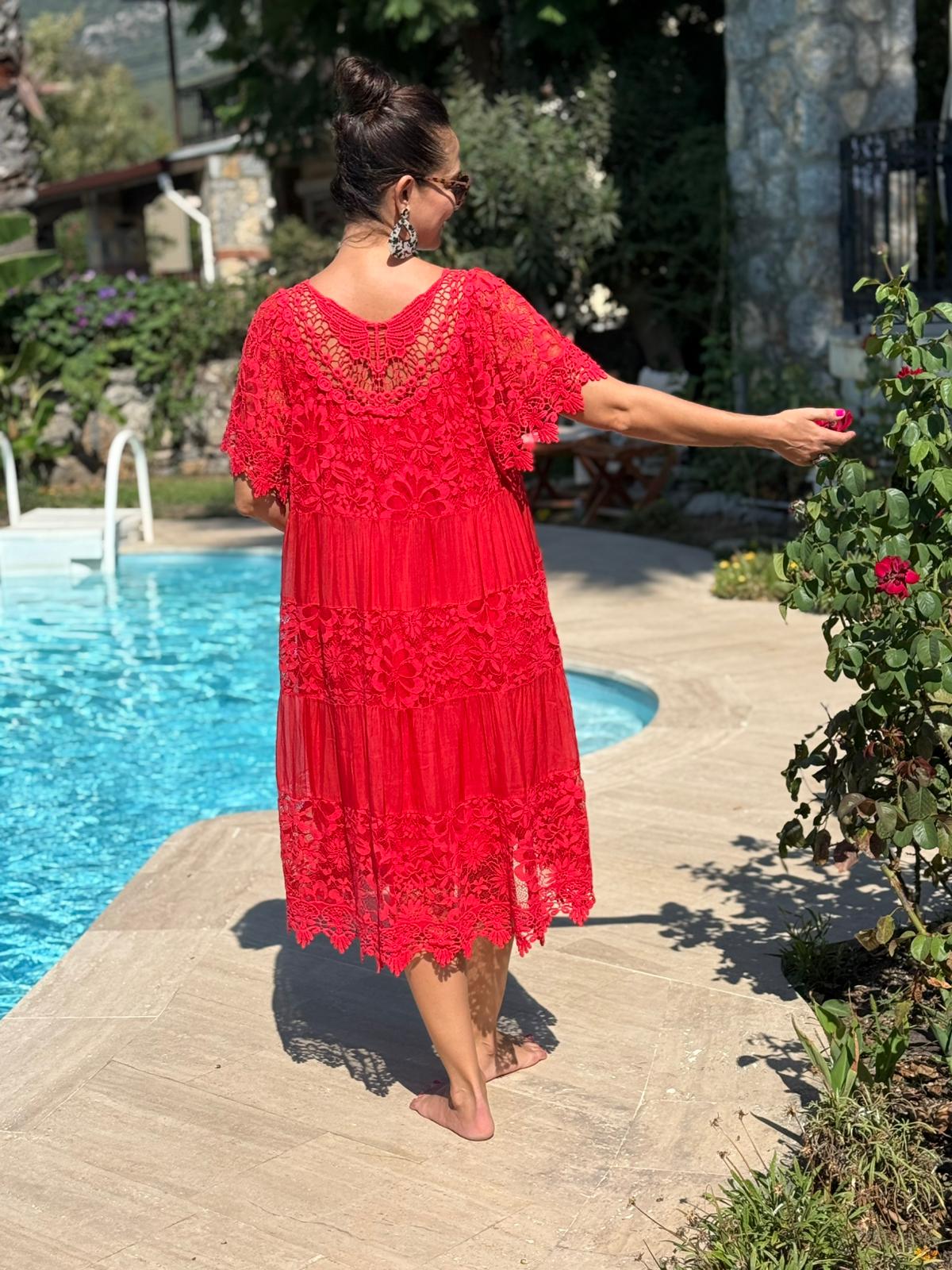 NCC10337 İtalyan İpek Elbise kırmızı