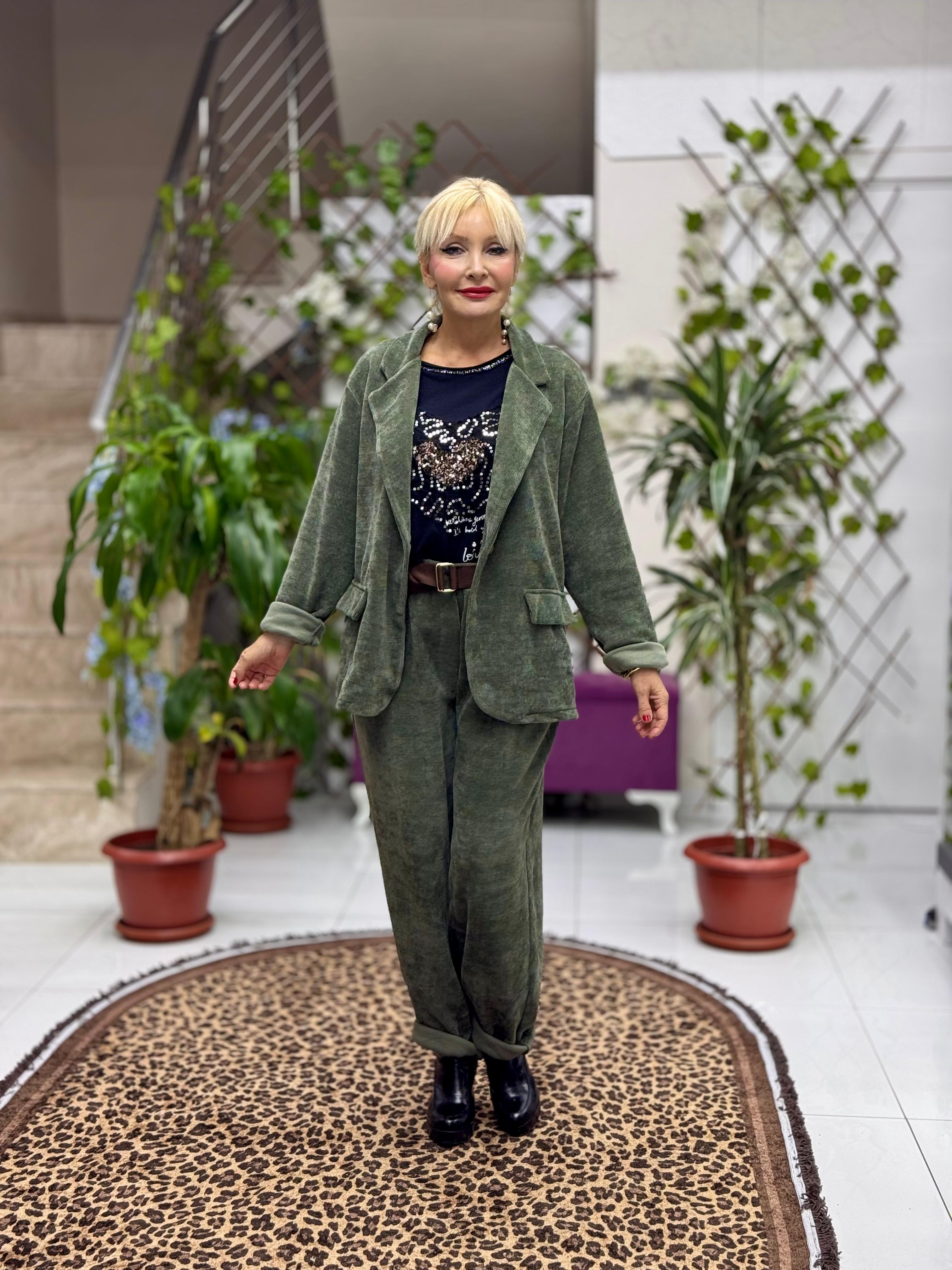 YG683089 Tek Düğme İtalyan Ceket Pantolon Kadife Takım Haki