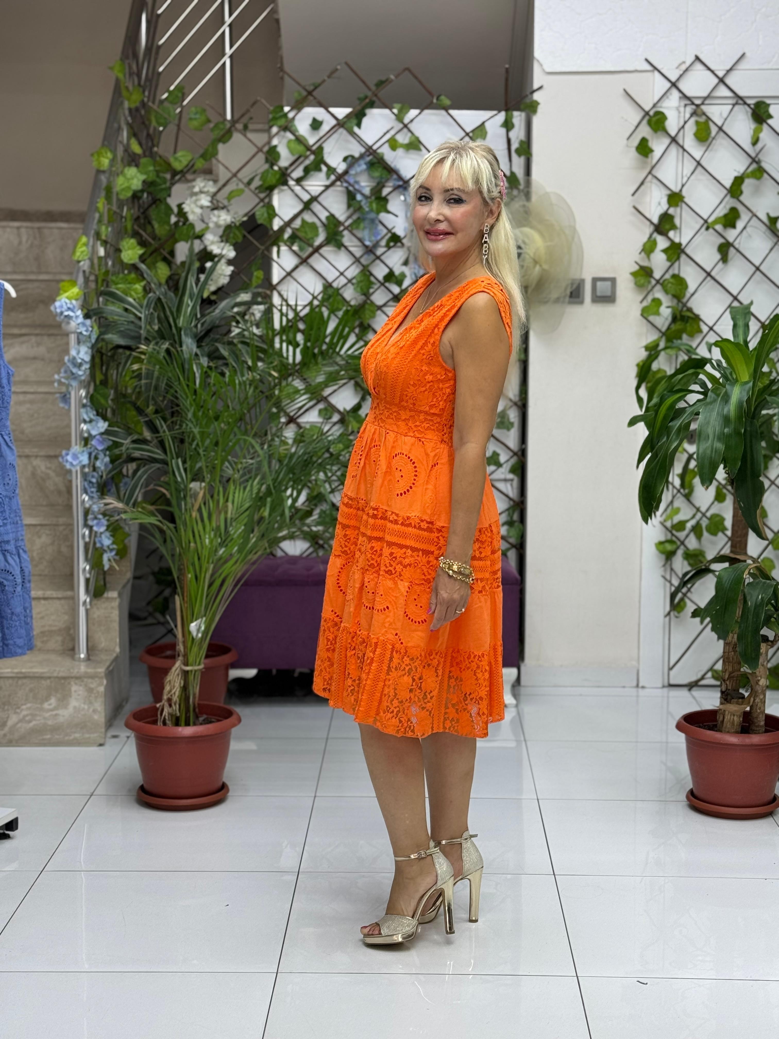 NC10143 İtalyan Askılı Dantelli Coton Elbise Oranj 