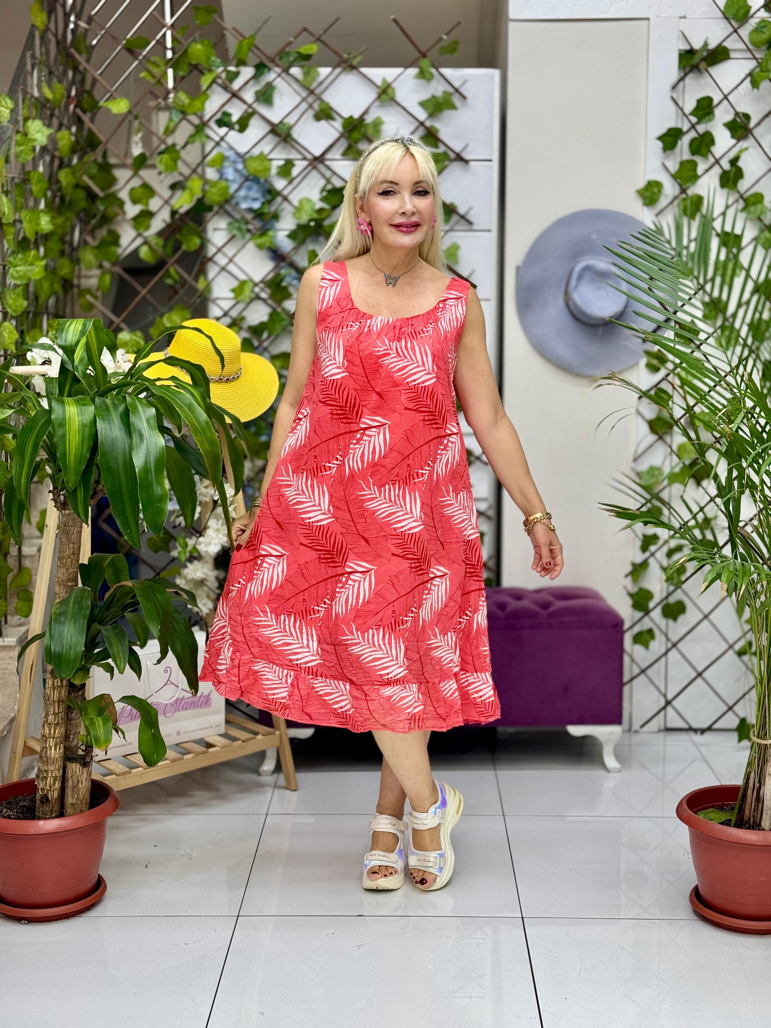 YG205070 İtalyan Yaprak Desen Coton Elbise Mercan