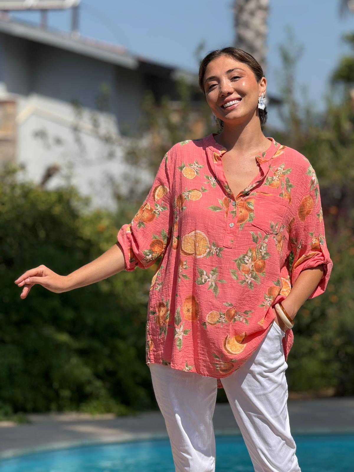 NC154553 İtalyan Pamuk Keten Bluz Mercan