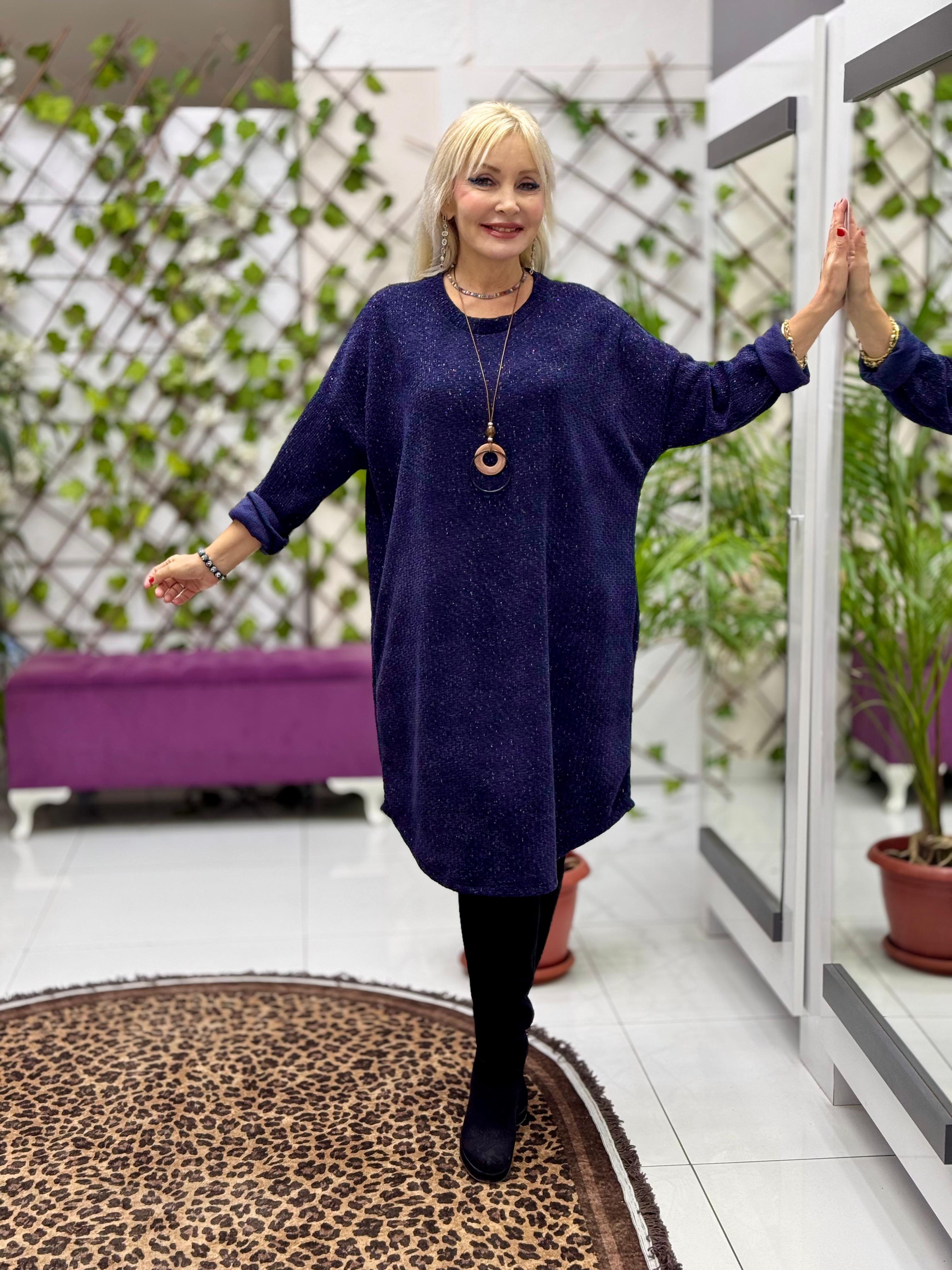 NC25158 Simit Yaka Kolyeli Simli İtalyan Kadife Elbise Lacivert