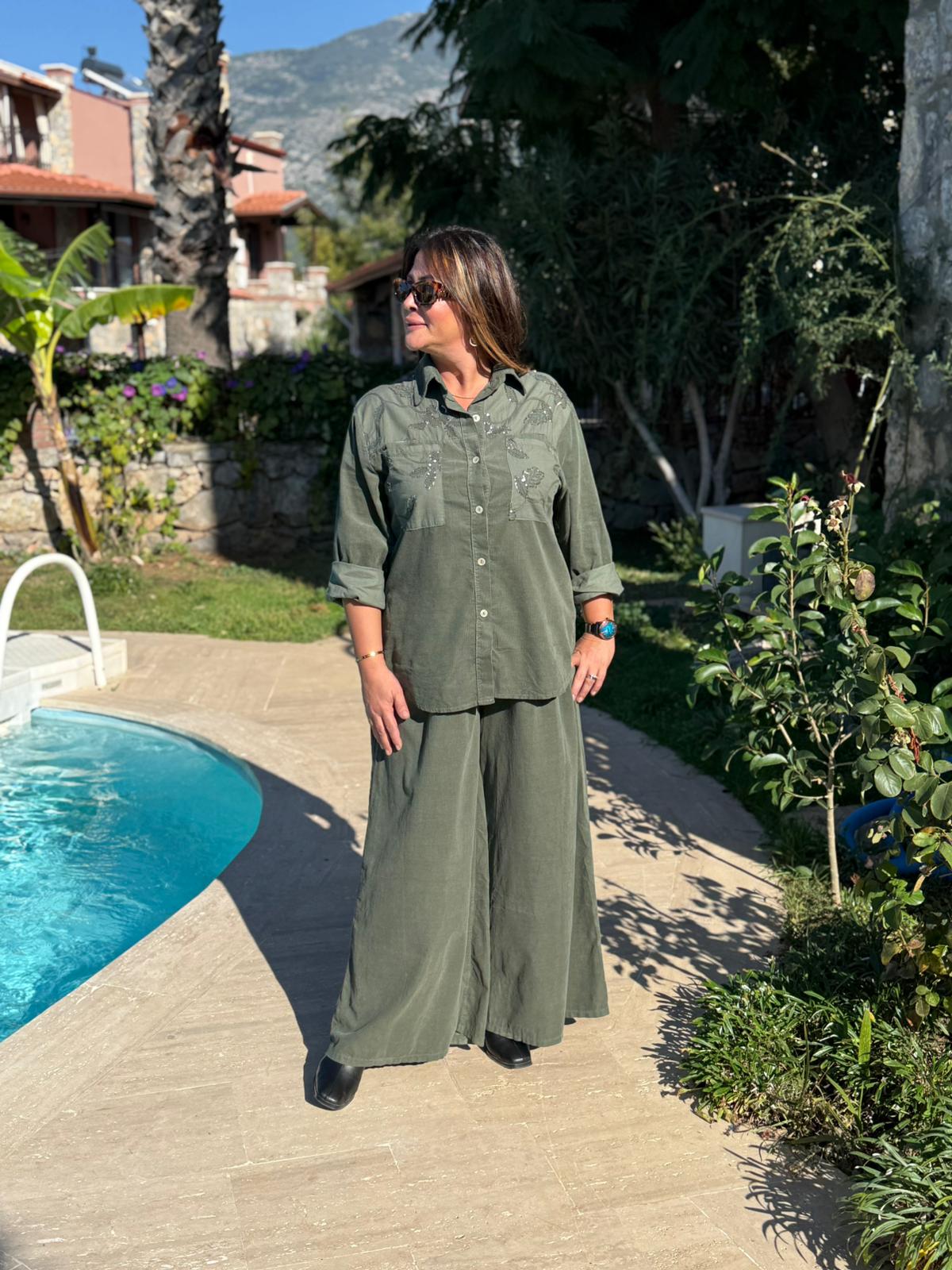 NC25446 İtalyan Kadife Pullu Pantolon Bluz Takım Yeşil