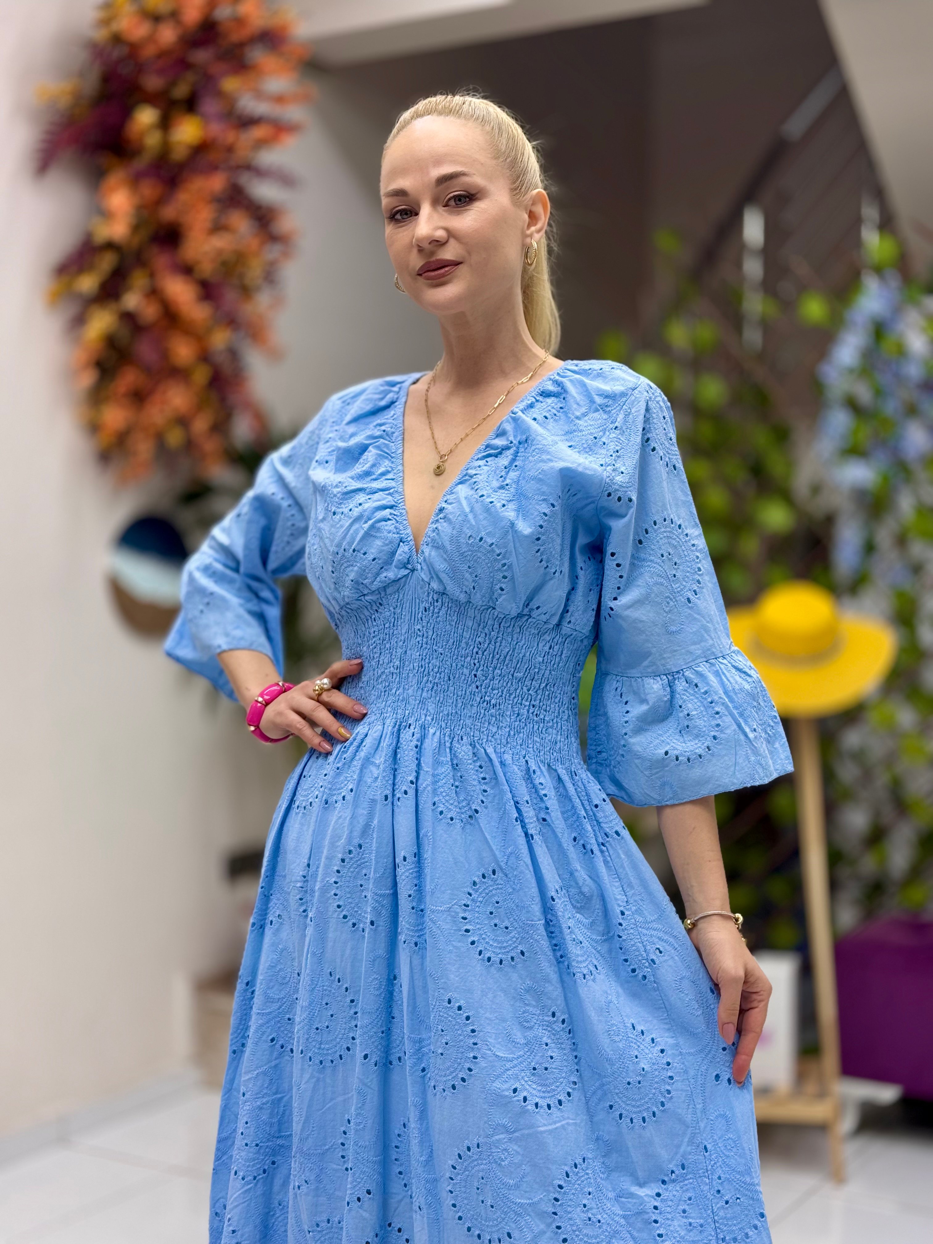 YG2050 İtalyan Brodeli Beli Lastikli Elbise Bebe Mavi
