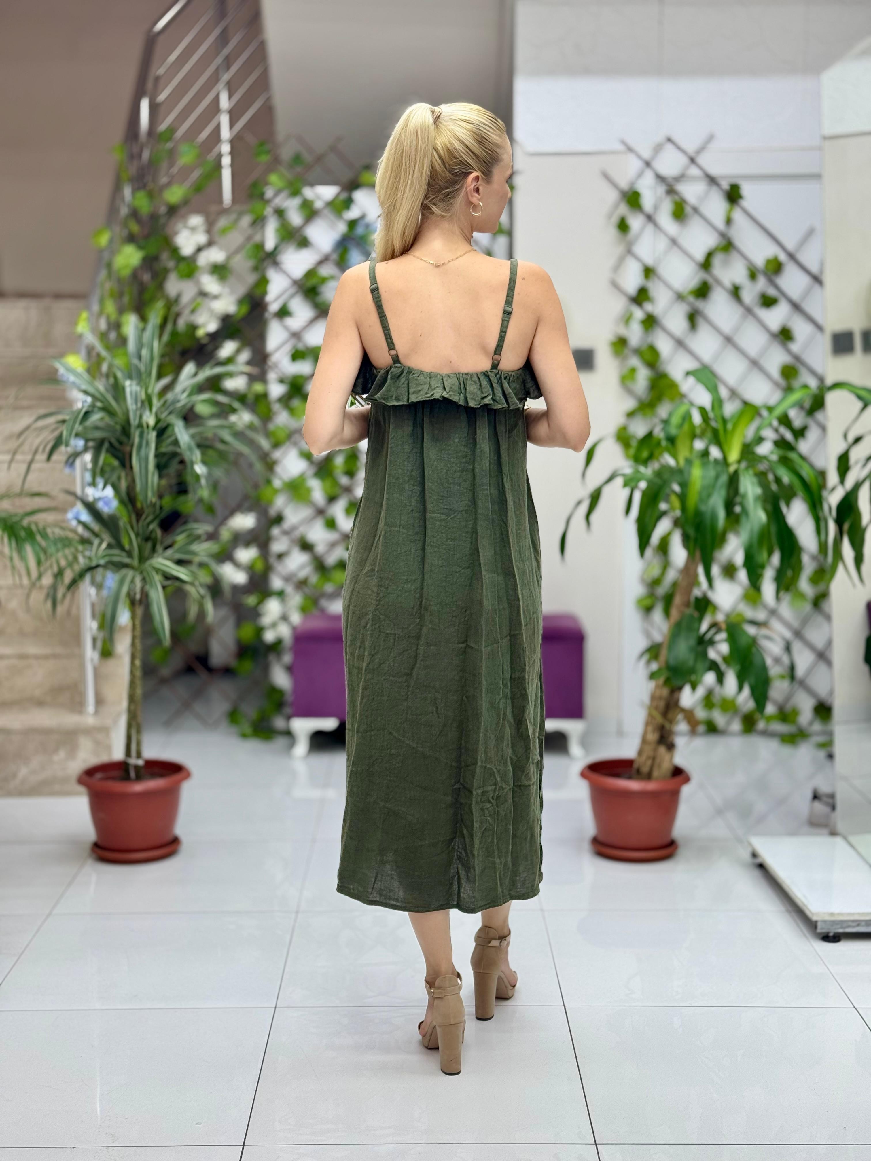 NC2132 İp Askılı Keten Önü Fırfırlı İtalyan Elbise Haki