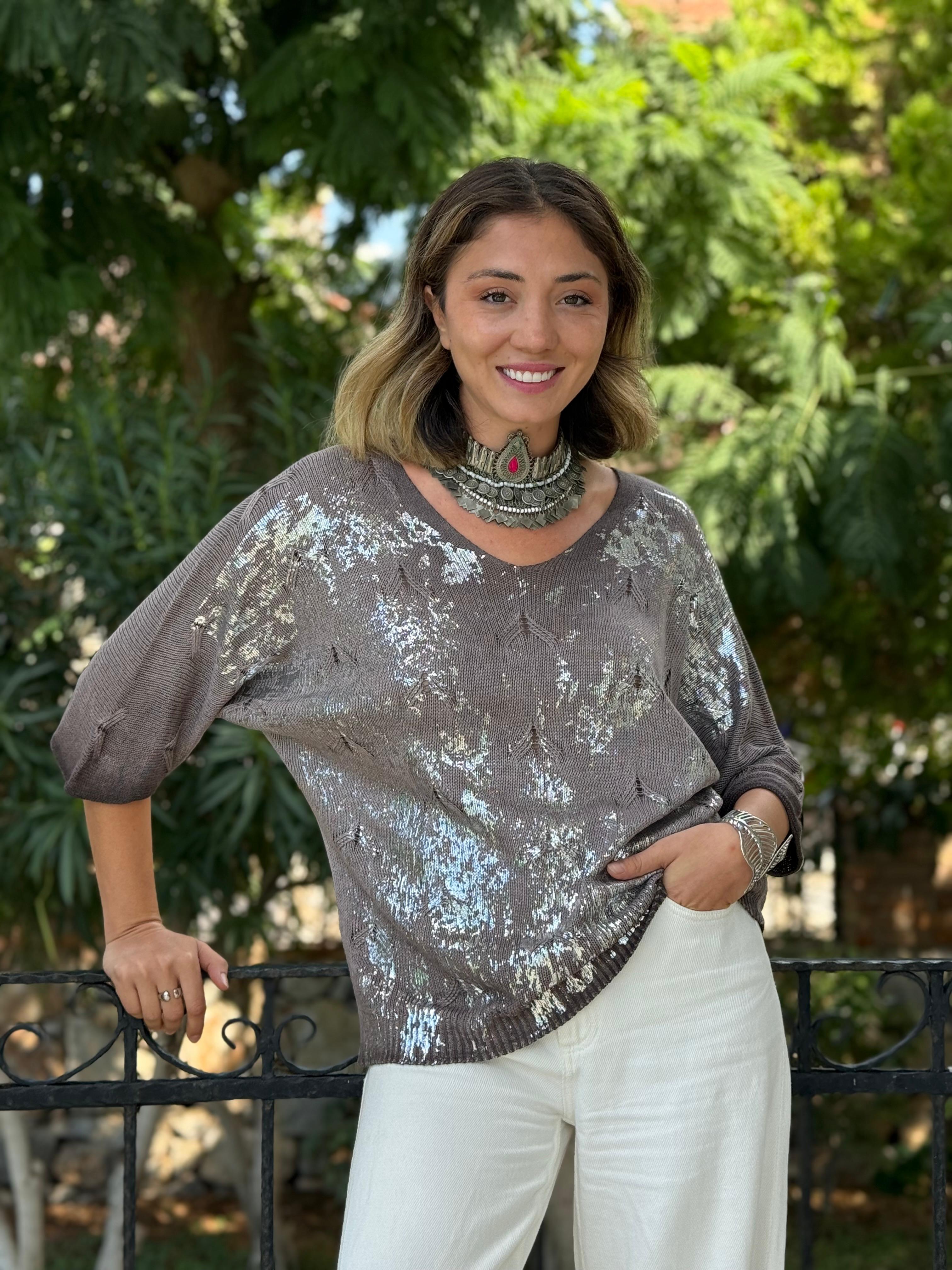 NC6016 İtalyan Fakir Kol Baskılı İnce Triko Bluz Vizon