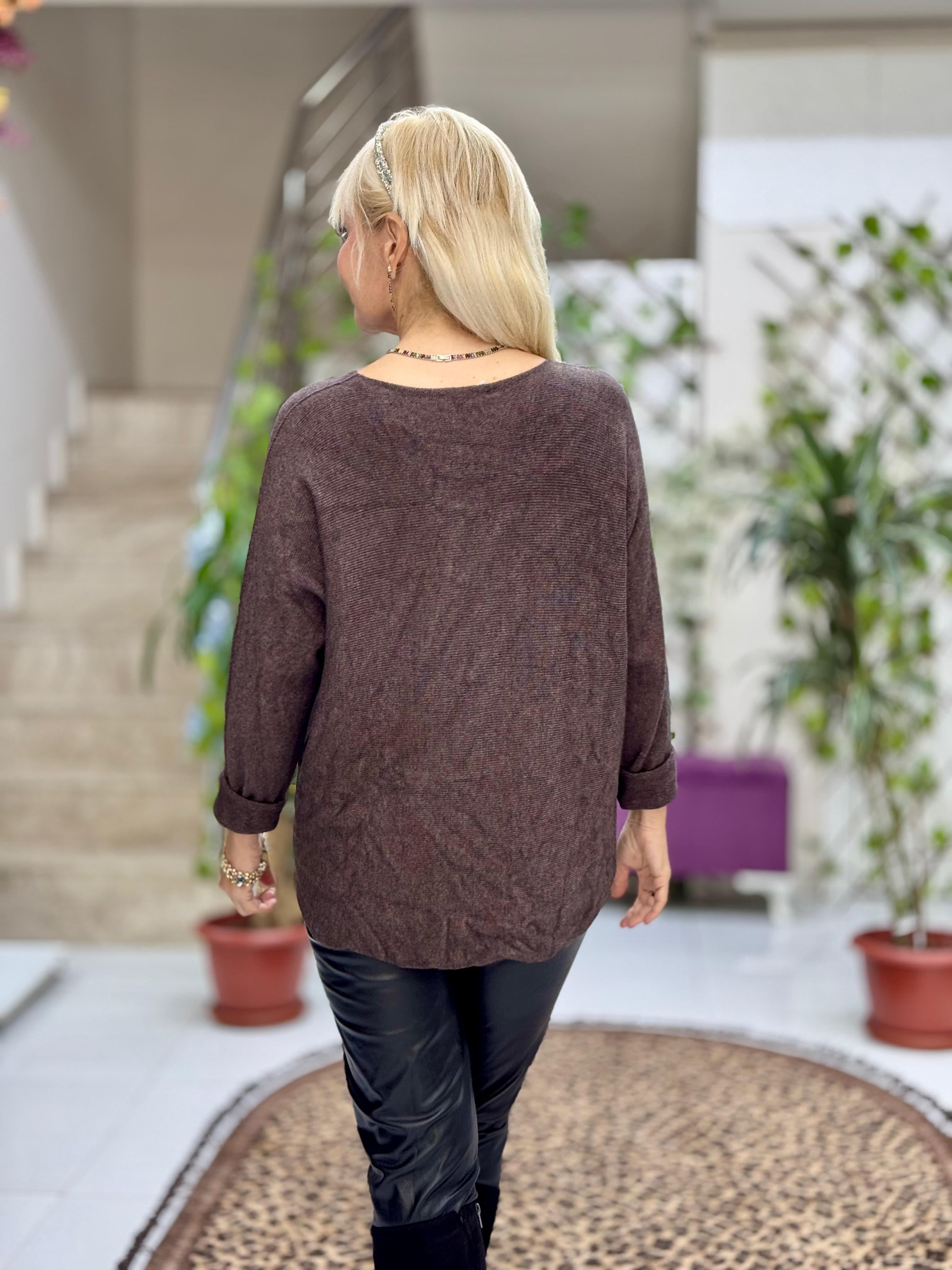 YG8023 Kalp Desenli Taşlı İtalyan Triko Bluz Kahverengi