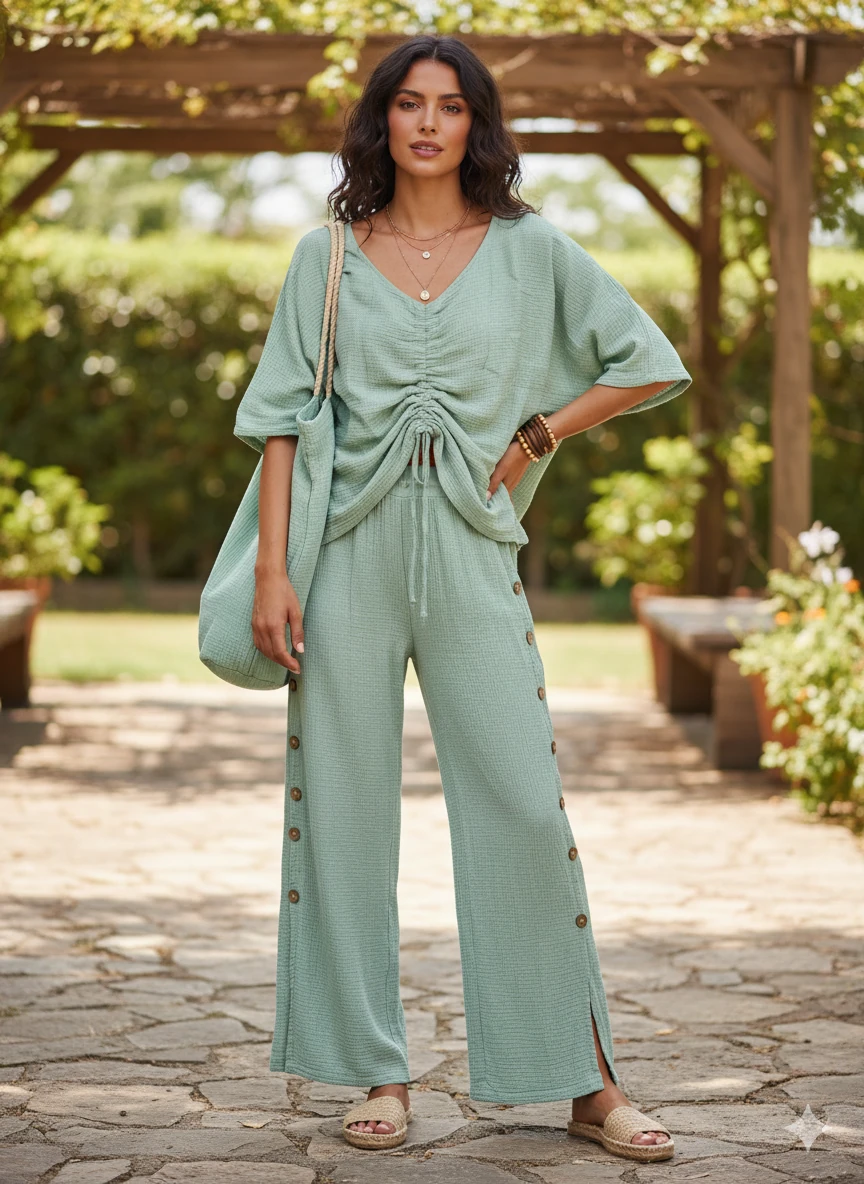 AY23766 Önü Büzgülü Pantolonu Yırtmaçlı Müslin Takım Mint