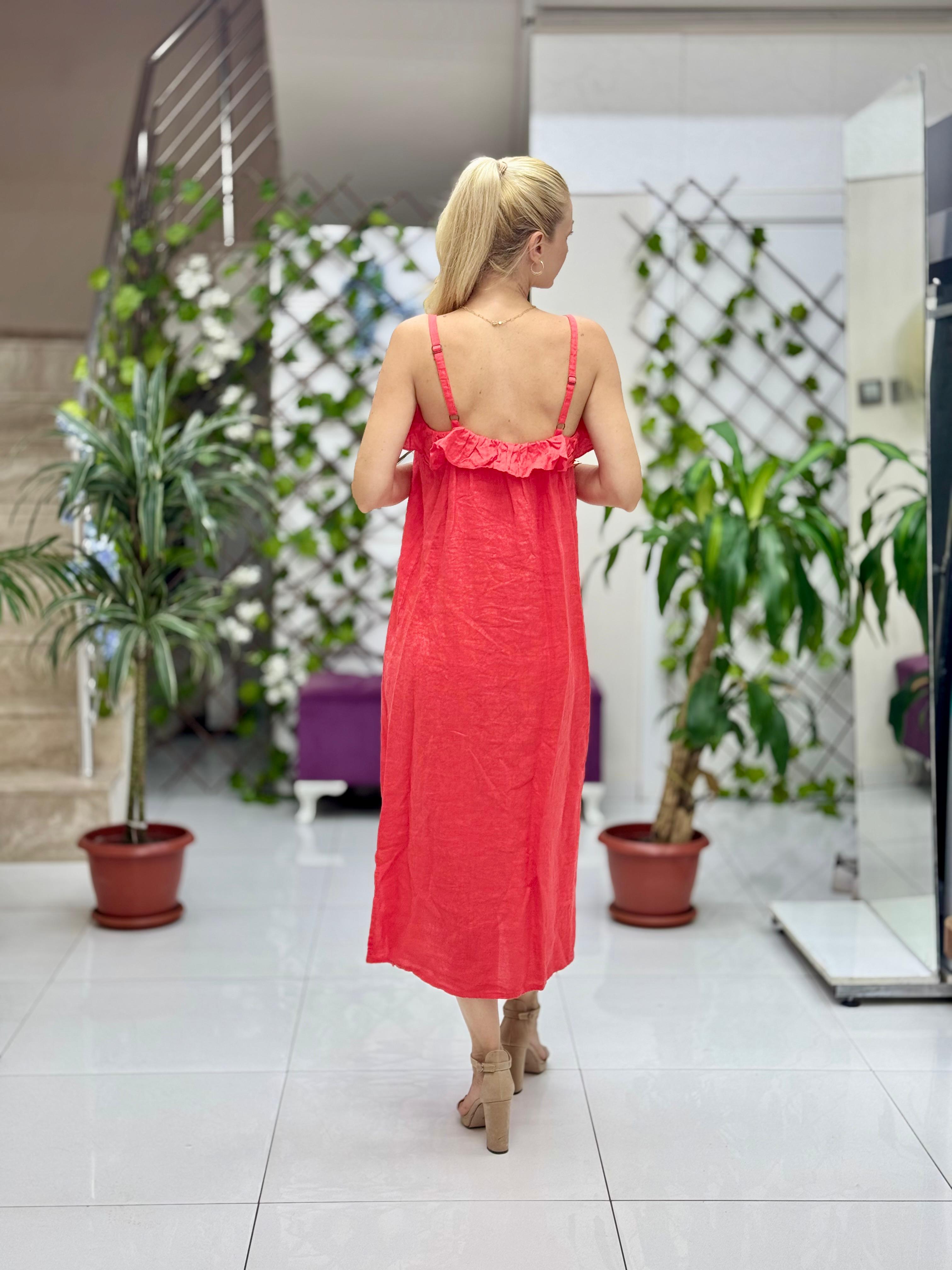 NC2132 İp Askılı Keten Önü Fırfırlı İtalyan Elbise Mercan