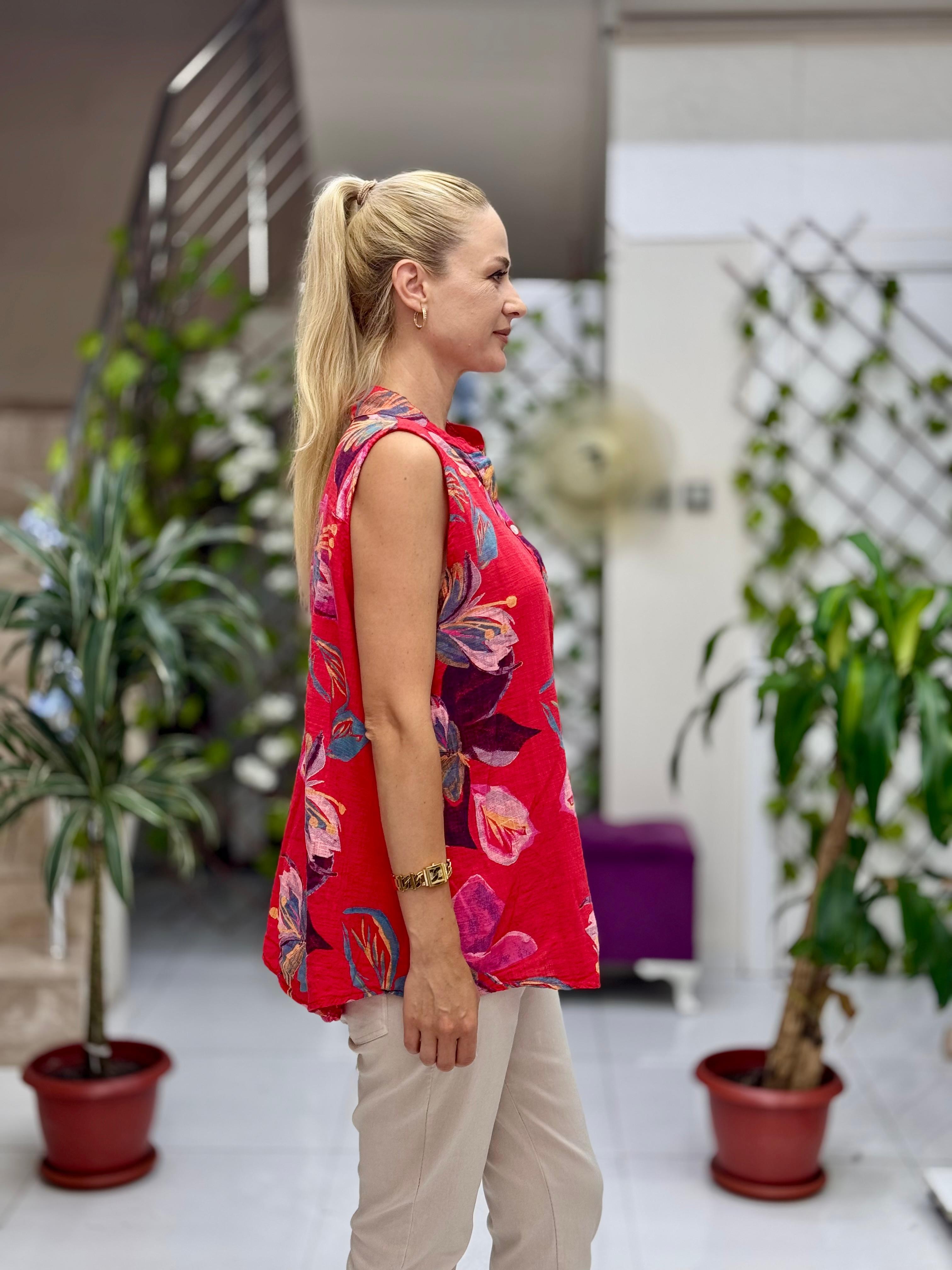 LS8819B Kolsuz Pamukketen Cepli İtalyan Bluz Kırmızı