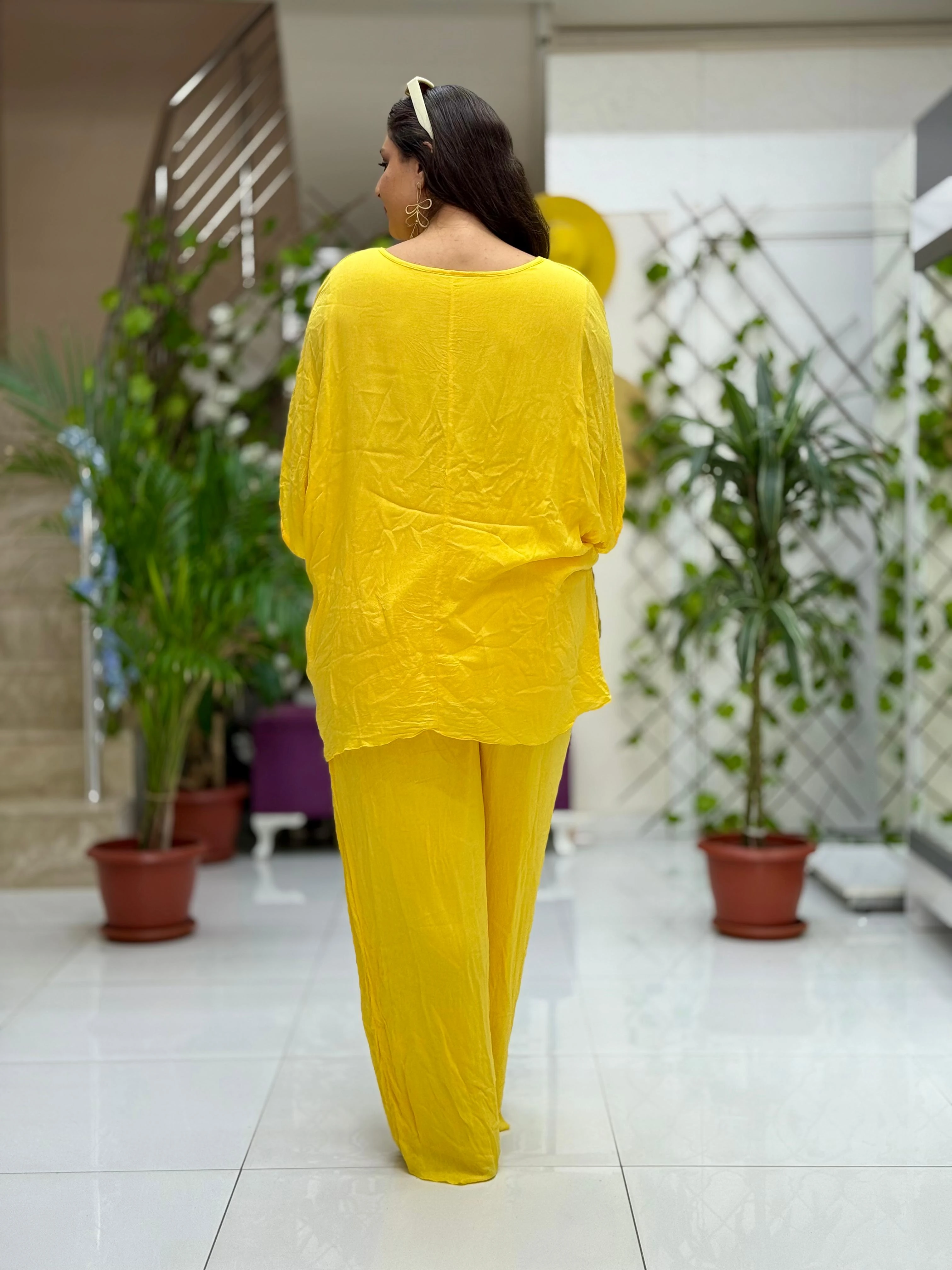 VL3159 %100 Vual Pamuk Bluz Pantolon Takım Sarı