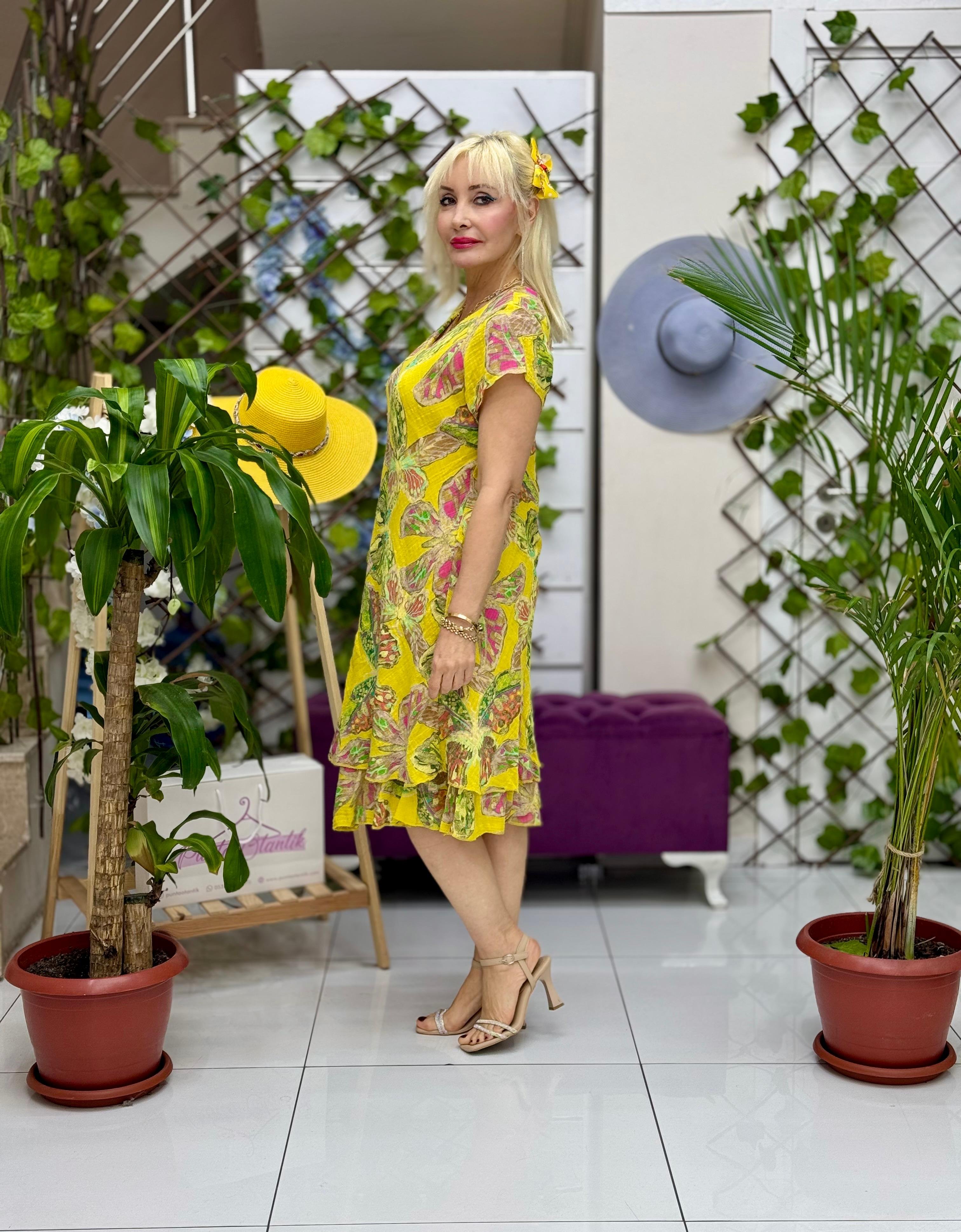 N5012-26 Vestido Italiano Manga Corta Algodón Lino Azul