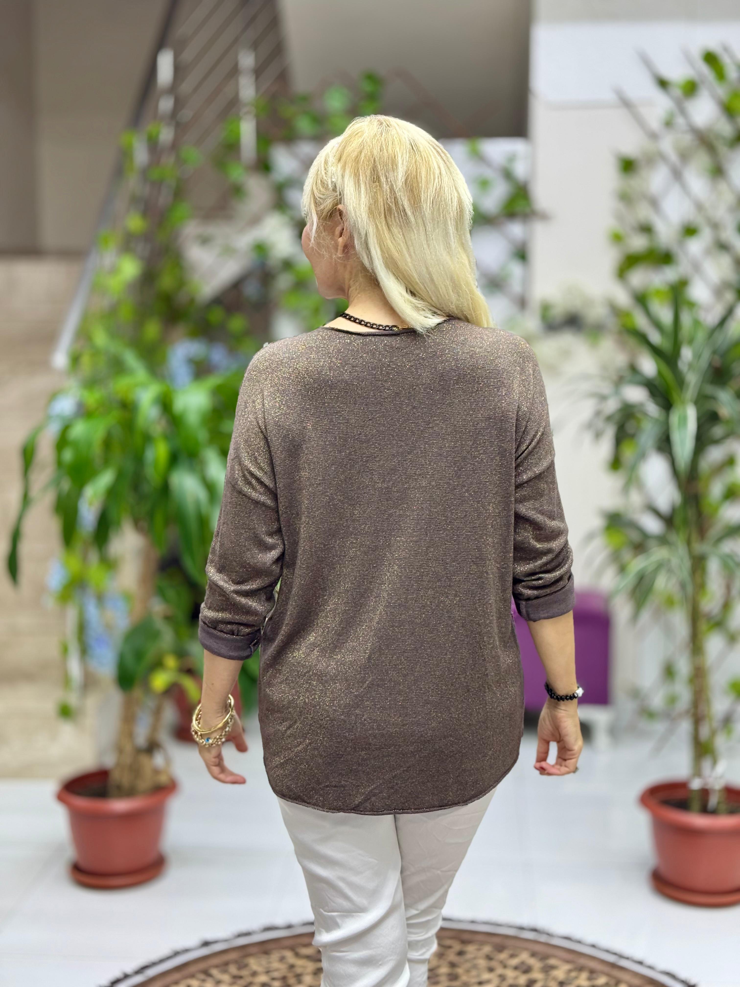 YG11773 Leopar Baskılı İtalyan Triko Bluz Kahverengi